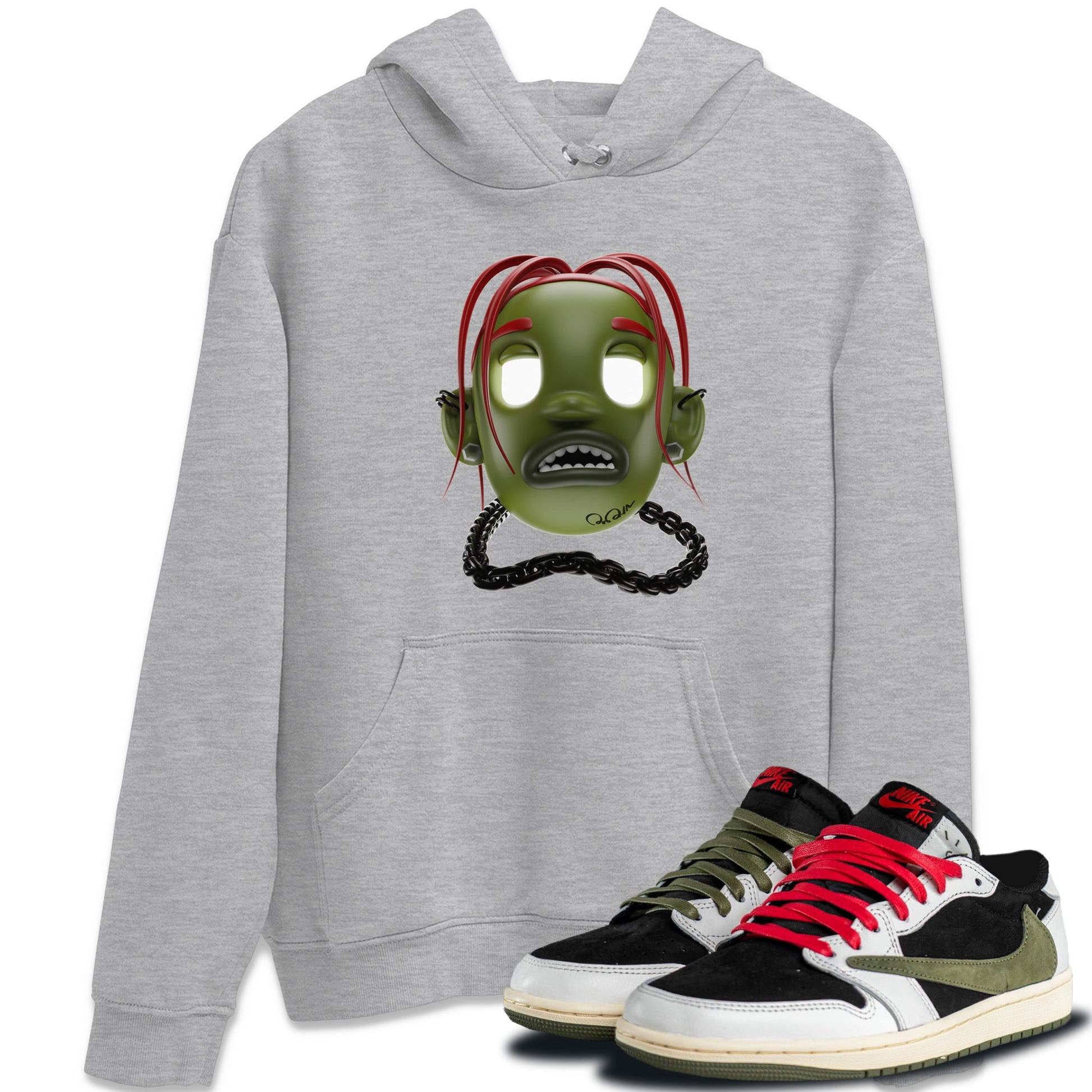 Air Jordan 1 Travis Scott Olive Sneaker Match Tees Goosebumps Boy Sneaker Tees AJ1 OG Travis Scott Olive Sneaker Release Tees Unisex Shirts Heather Grey 1