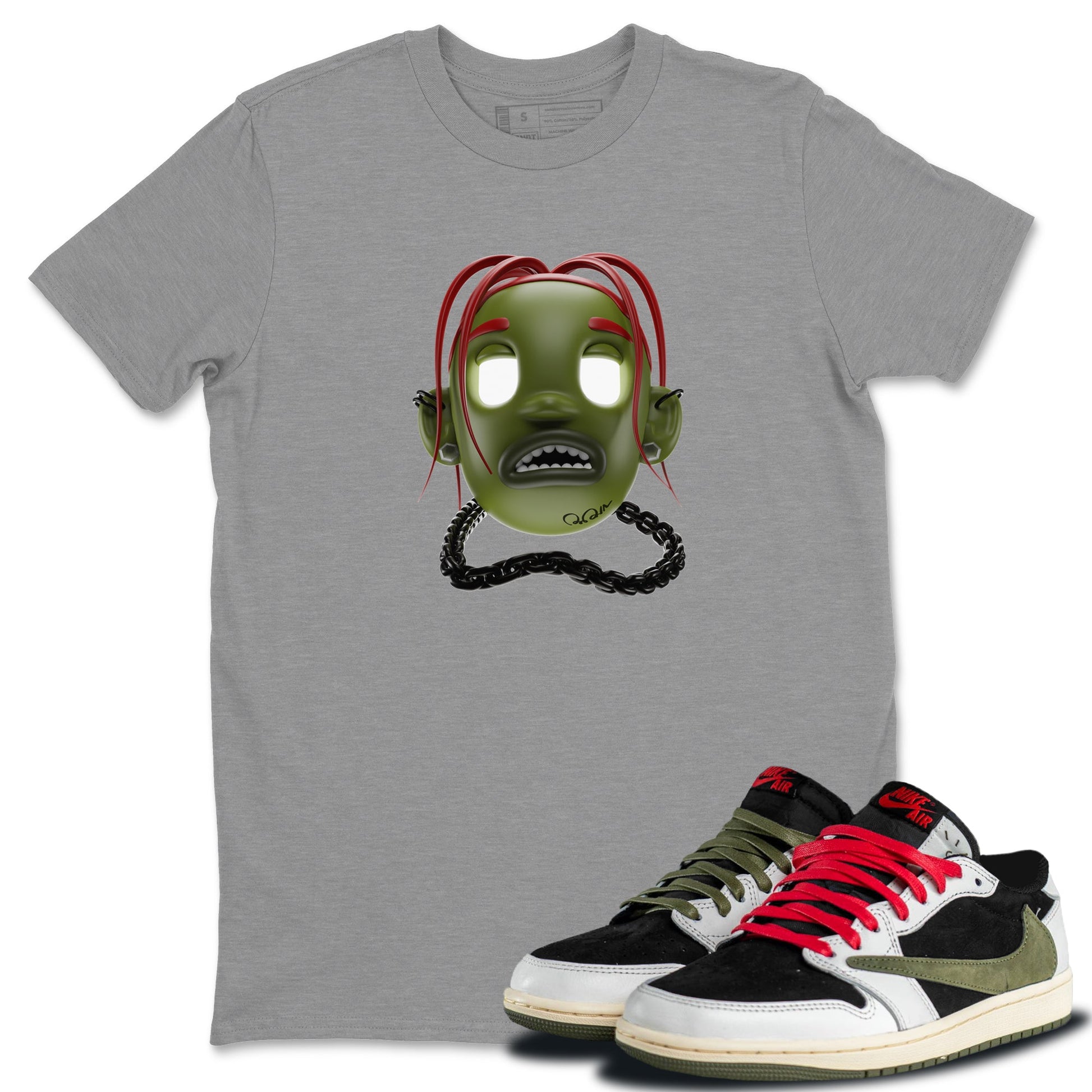 Air Jordan 1 Travis Scott Olive Sneaker Match Tees Goosebumps Boy Sneaker Tees AJ1 OG Travis Scott Olive Sneaker Release Tees Unisex Shirts Heather Grey 1