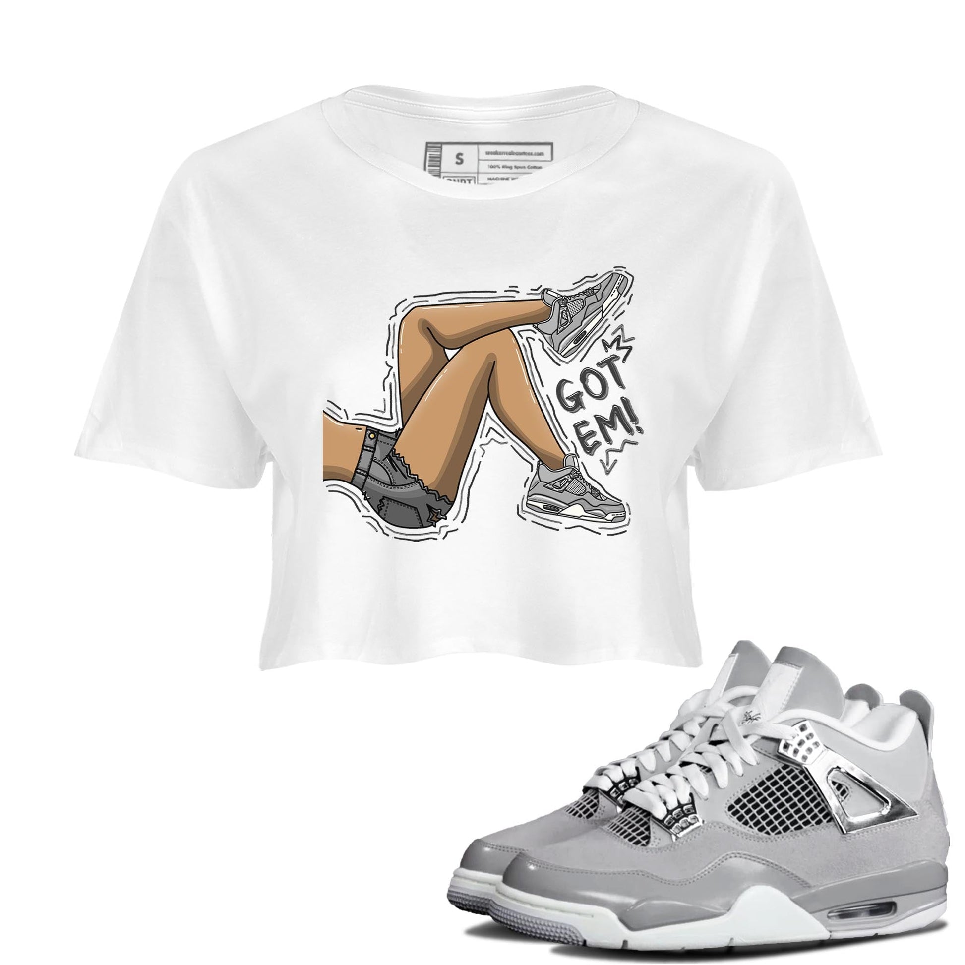 AJ4 Frozen Moments shirt to match jordans Got Em Legs sneaker tees Crew Neck AJ4 Frozen Moments SNRT Sneaker Release Tees White 1 Crop T-Shirt