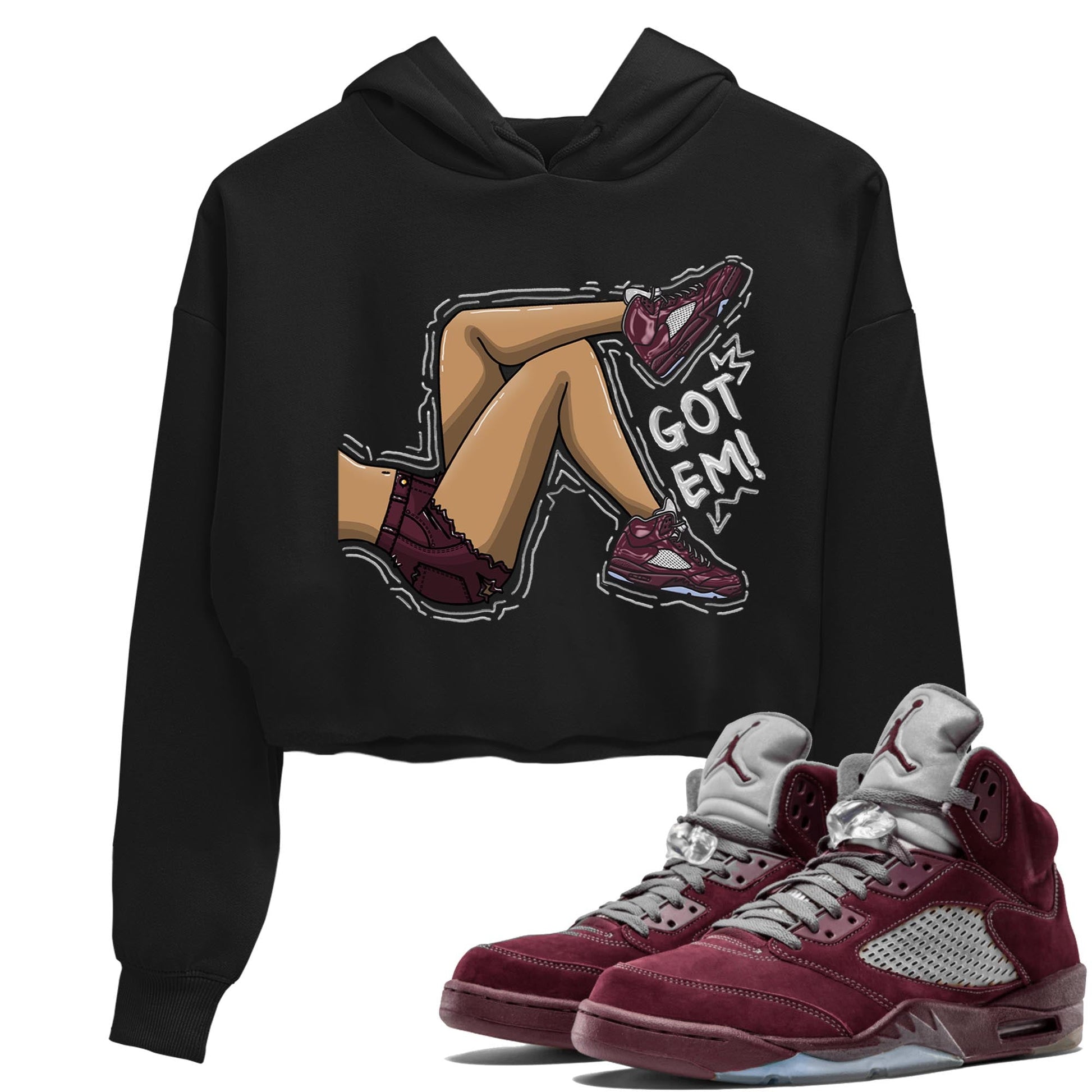 Jordan 5 Burgundy shirt to match jordans Got Em Legs sneaker tees Crew Neck AJ5 Burgundy SNRT Sneaker Release Tees Black 1 Crop T-Shirt