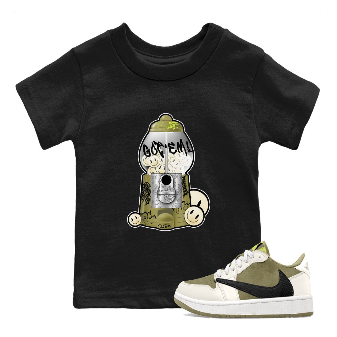 Air Jordan 1 Travis Scott Golf Olive shirt to match jordans Gumball Machine sneaker tees Graffiti AJ1 Travis Scott Golf Olive SNRT Sneaker Release Tees Baby Toddler Black 1 T-Shirt