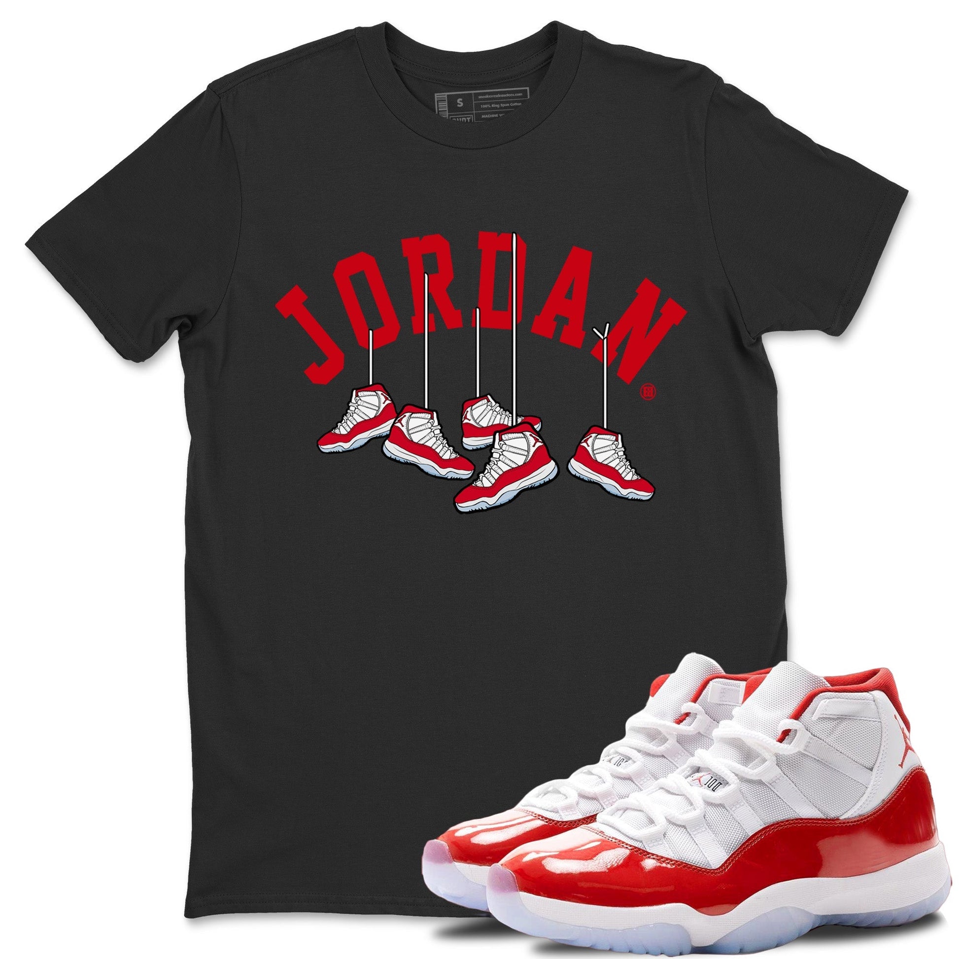 Jordan 11 Cherry Sneaker Match Tees Hanging Sneakers Sneaker Tees Jordan 11 Cherry Sneaker Release Tees Unisex Shirts