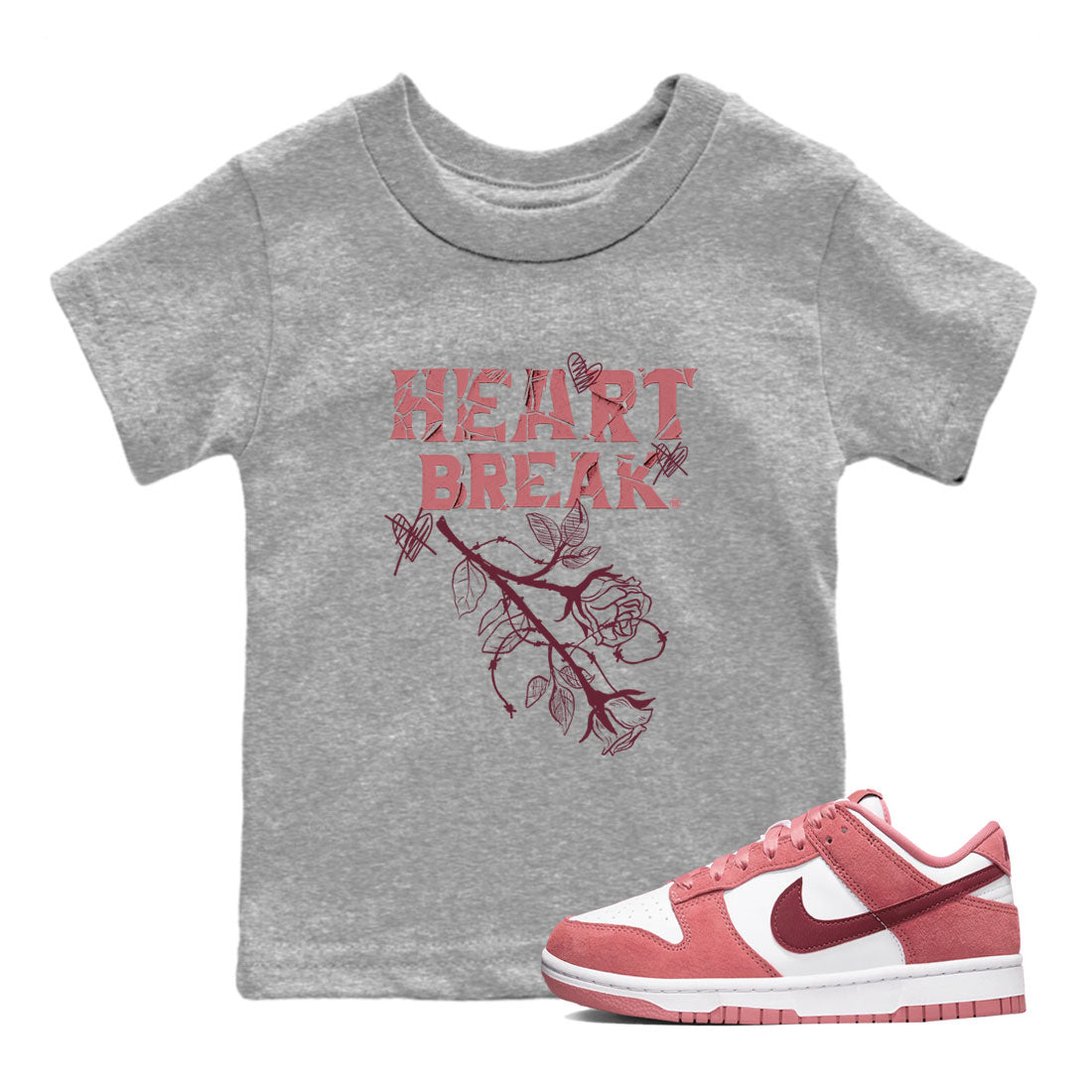 Dunks Valentines Day shirt to match jordans Heart Break sneaker tees Dunks Valentine's Day SNRT sneaker release tees baby toddler Heather Grey 1 cotton Shirt