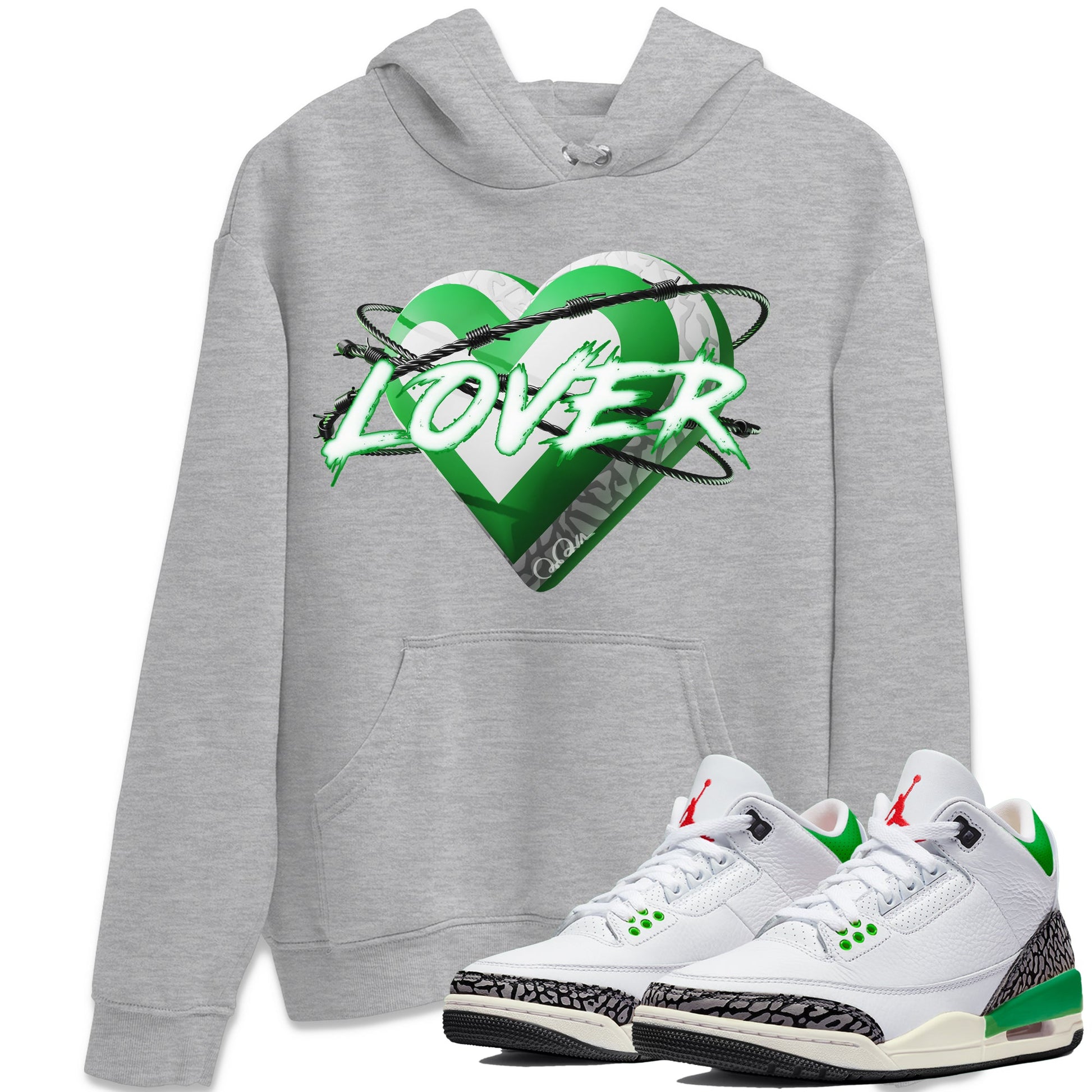 Air Jordan 3 Lucky Green Sneaker Match Tees Heart Lover Sneaker Tees AJ3 Lucky Green Sneaker Release Tees Unisex Shirts Heather Grey 1