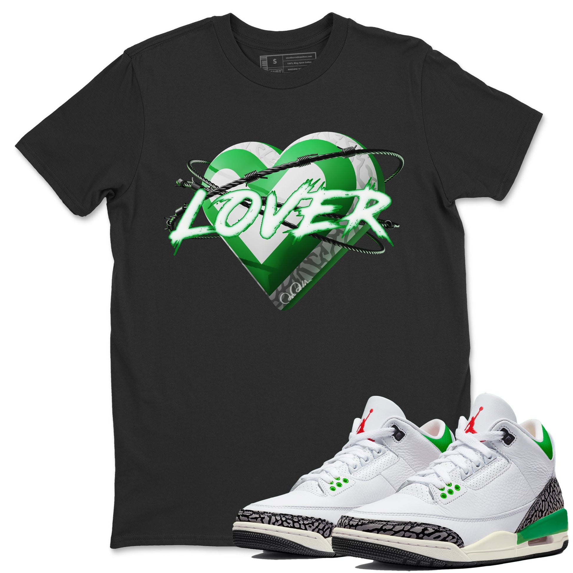 Air Jordan 3 Lucky Green Sneaker Match Tees Heart Lover Sneaker Tees AJ3 Lucky Green Sneaker Release Tees Unisex Shirts Black 1