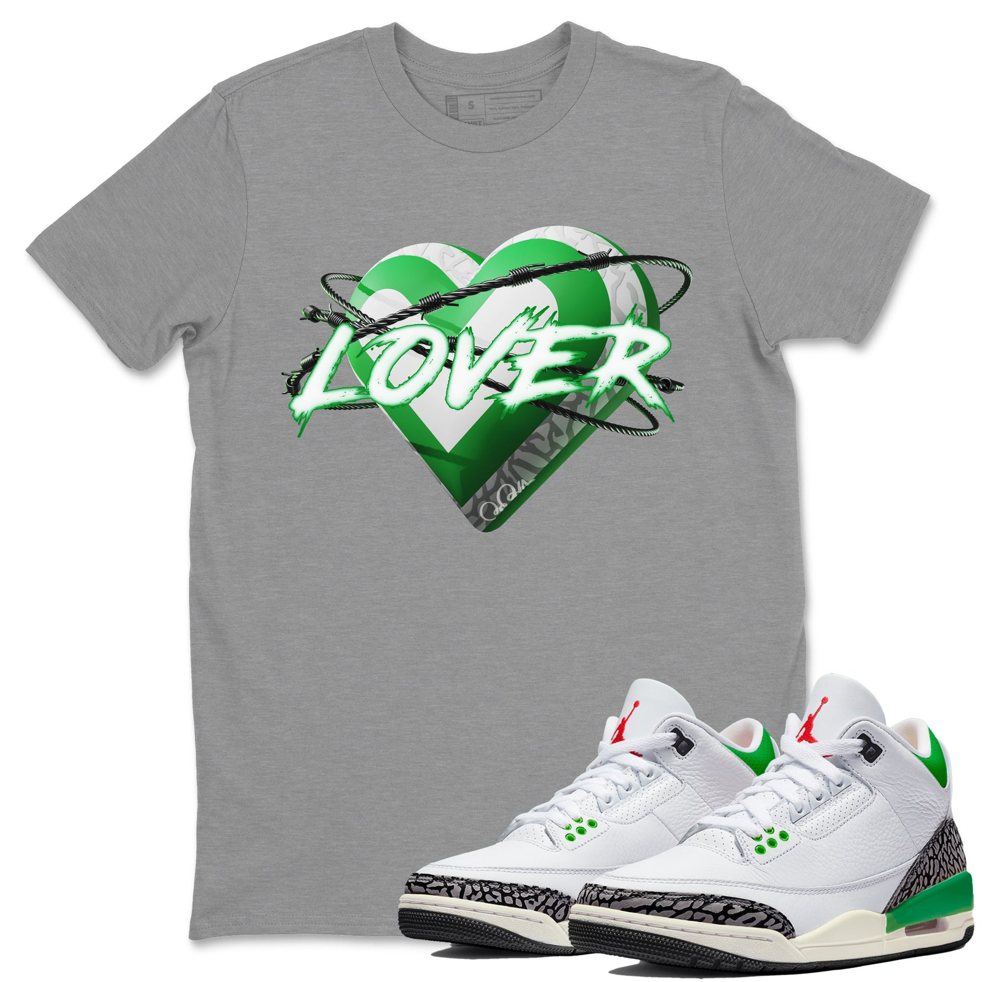 Air Jordan 3 Lucky Green Sneaker Match Tees Heart Lover Sneaker Tees AJ3 Lucky Green Sneaker Release Tees Unisex Shirts Heather Grey 1