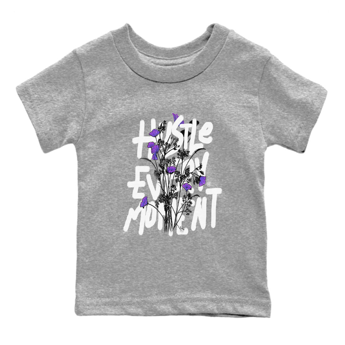 Hustle Every Moment sneaker match tees to Court Purple Dunks street fashion brand for shirts to match Jordans SNRT Sneaker Tees Dunk Low Court Purple unisex t-shirt Heather Grey 2 youth shirt