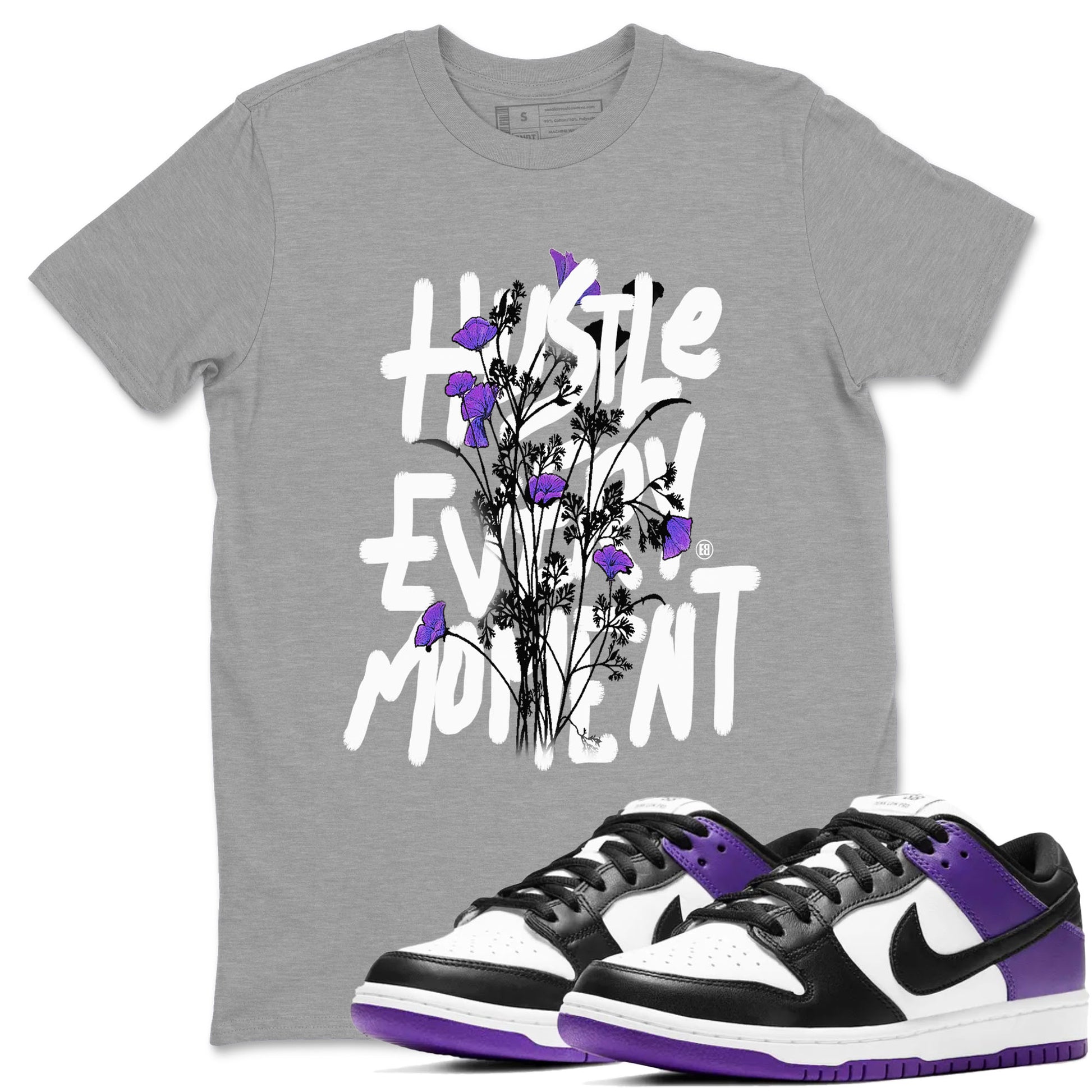 Hustle Every Moment sneaker match tees to Court Purple Dunks street fashion brand for shirts to match Jordans SNRT Sneaker Tees Dunk Low Court Purple unisex t-shirt Heather Grey 1 unisex shirt