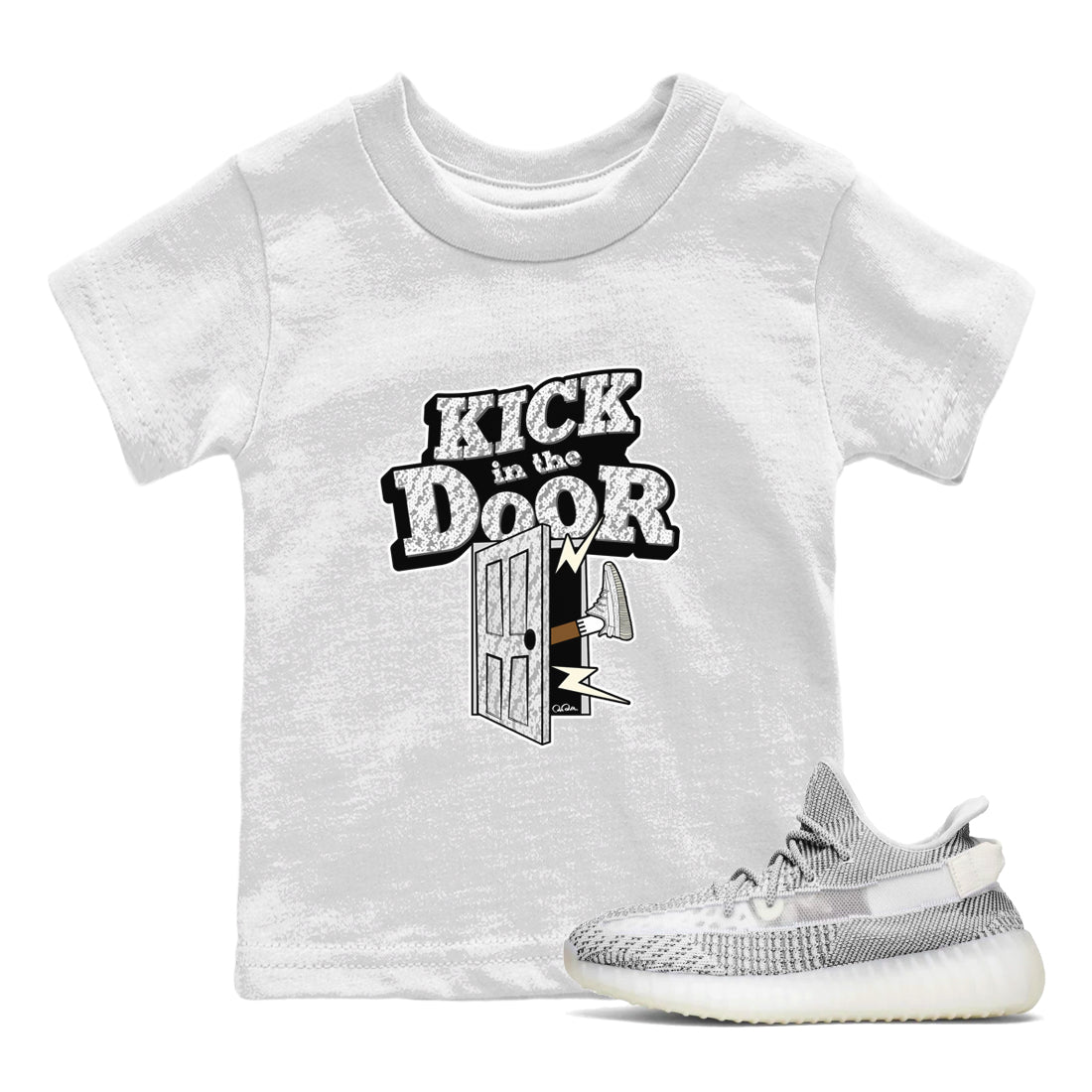Yeezy 350 Static shirt to match jordans Kick In The Door sneaker tees Adidas Yeezy 350 Static SNRT Sneaker Release Tees Baby Toddler White 1 T-Shirt
