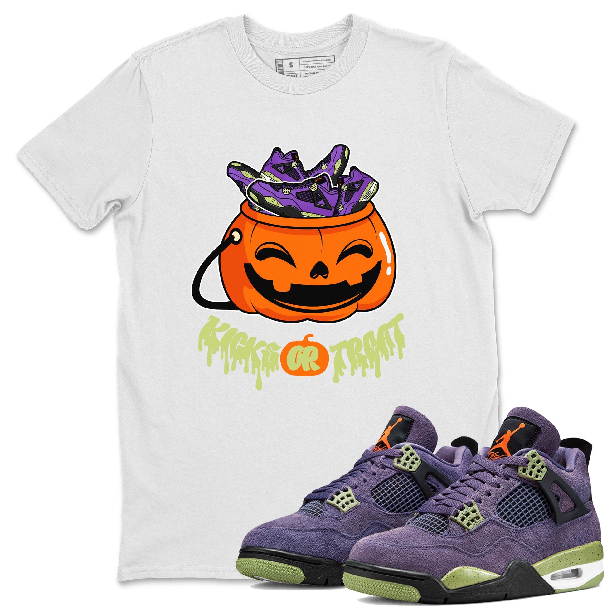 Air Jordan 4 Canyon Purple shirt to match jordans Kicks Or Treat sneaker tees AJ4 Canyon Purple Halloween Custumes SNRT Sneaker Release Tees Unisex White 1 T-Shirt