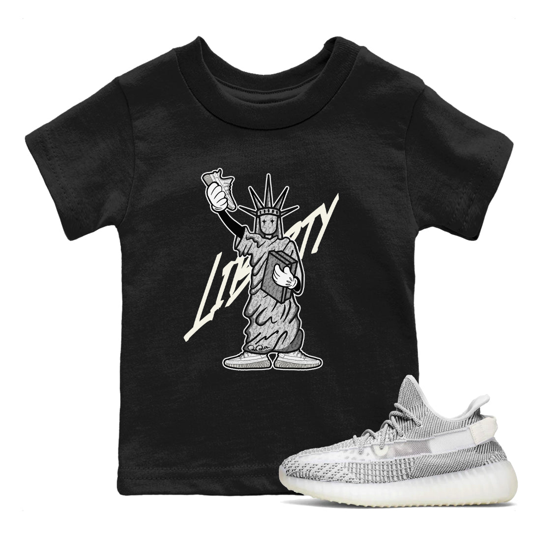 Yeezy 350 Static shirt to match jordans Liberty Of Staute sneaker tees Adidas Yeezy 350 Static SNRT Sneaker Release Tees Baby Toddler Black 1 T-Shirt