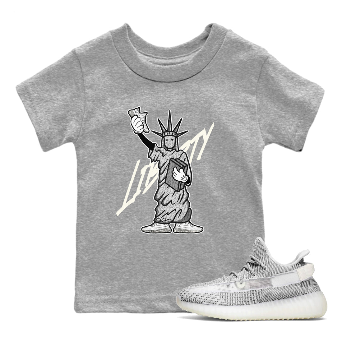Yeezy 350 Static shirt to match jordans Liberty Of Staute sneaker tees Adidas Yeezy 350 Static SNRT Sneaker Release Tees Baby Toddler Heather Grey 1 T-Shirt