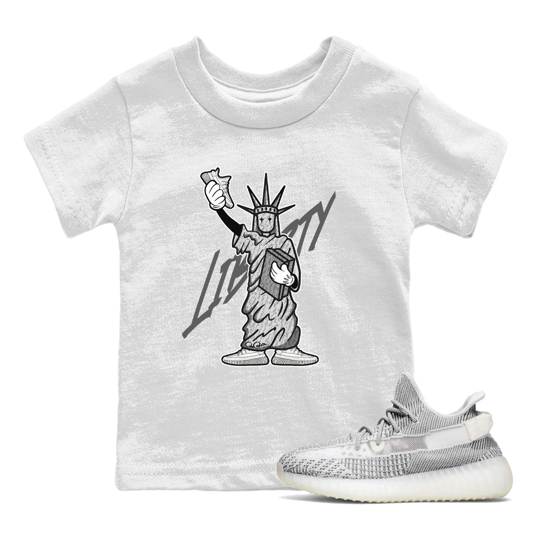 Yeezy 350 Static shirt to match jordans Liberty Of Staute sneaker tees Adidas Yeezy 350 Static SNRT Sneaker Release Tees Baby Toddler White 1 T-Shirt