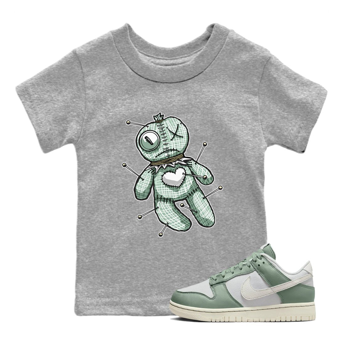 Dunk Mica Green unique Halloween sneaker tee Linen Voodoo Doll Sneaker Tees Dunk Low Mica Green Sneaker Release Tees Kids Shirts Heather Grey 1