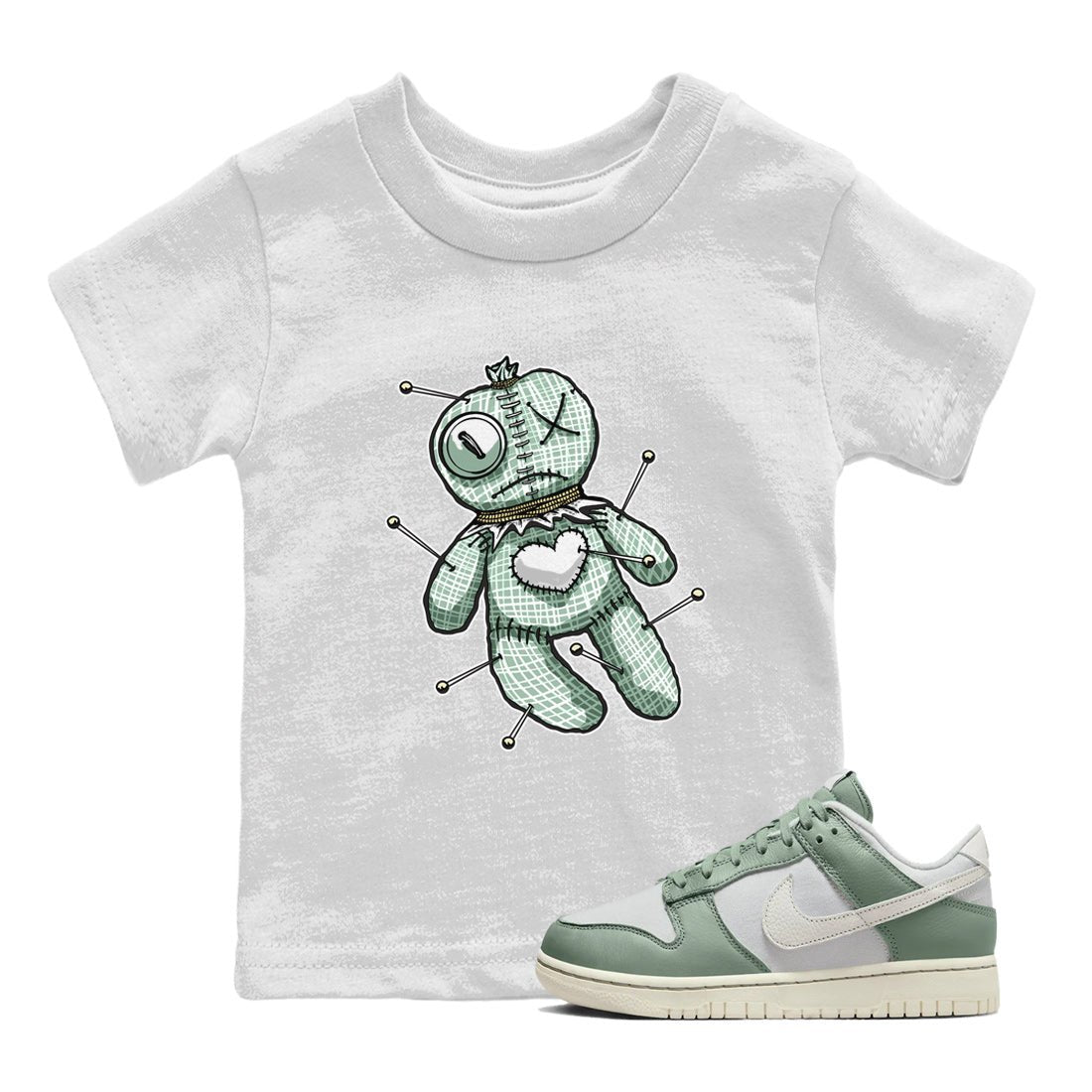 Dunk Mica Green unique Halloween sneaker tee Linen Voodoo Doll Sneaker Tees Dunk Low Mica Green Sneaker Release Tees Kids Shirts White 1