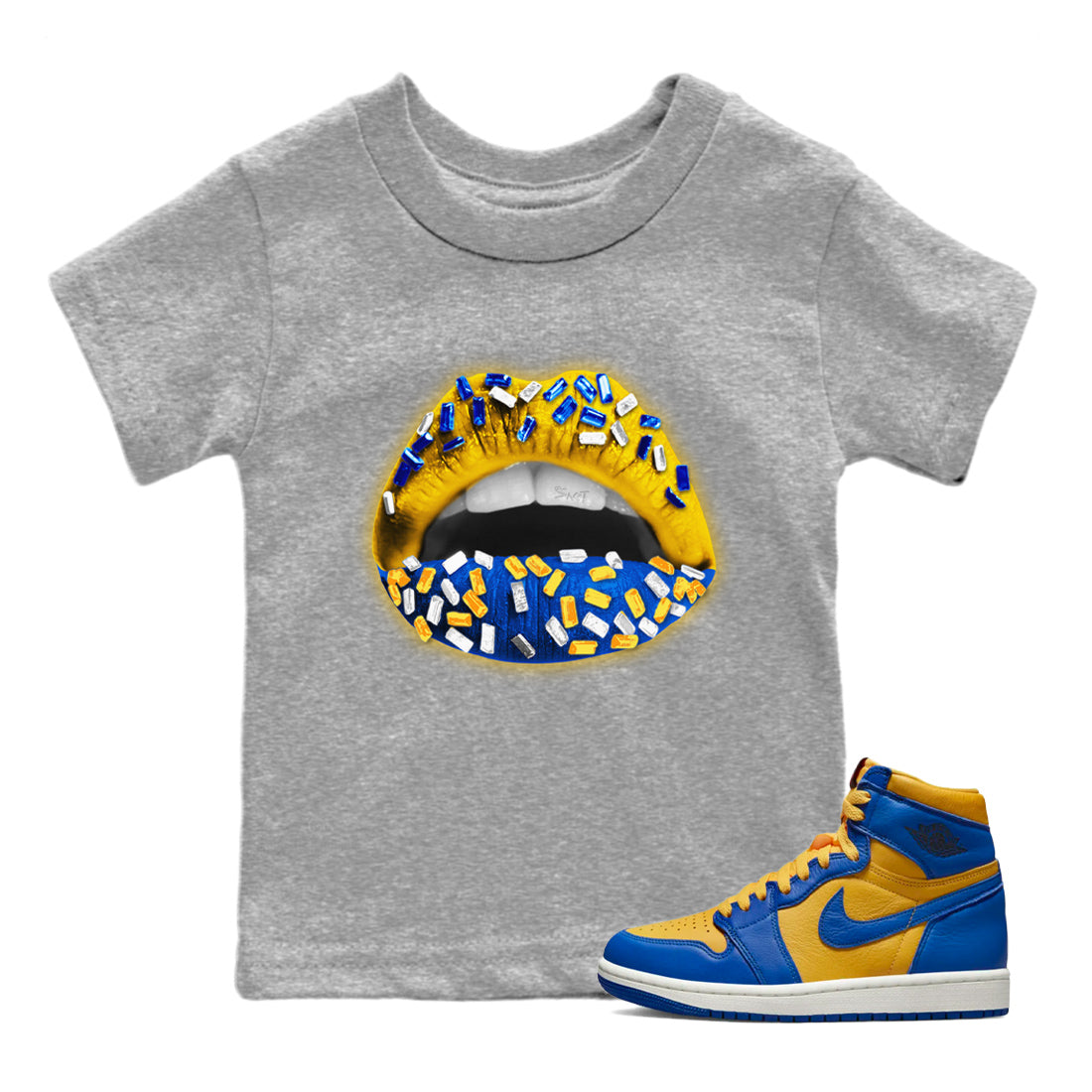 Jordan 1 Game Royal Varsity Maize | Lips Jewel Kids Shirts | SNRT