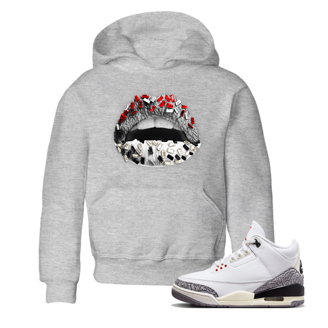 Air Jordan 3 White Cement Sneaker Match Tees Lips Jewel Sneaker Tees Air Jordan 3 Retro White Cement Sneaker Release Tees Kids Shirts Heather Grey 1