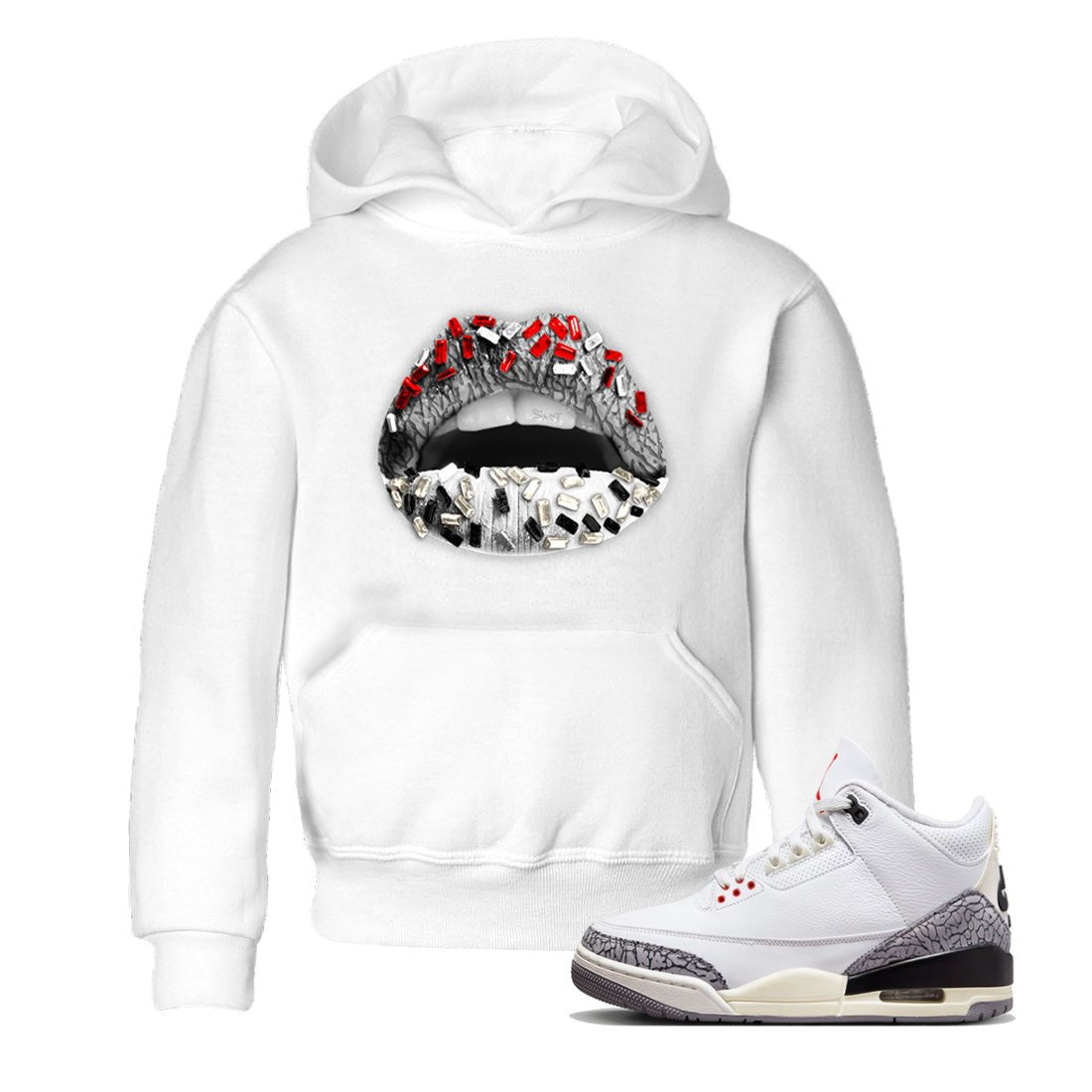 Air Jordan 3 White Cement Sneaker Match Tees Lips Jewel Sneaker Tees Air Jordan 3 Retro White Cement Sneaker Release Tees Kids Shirts White 1
