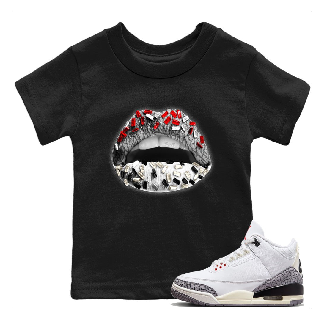 Air Jordan 3 White Cement Sneaker Match Tees Lips Jewel Sneaker Tees Air Jordan 3 Retro White Cement Sneaker Release Tees Kids Shirts Black 1