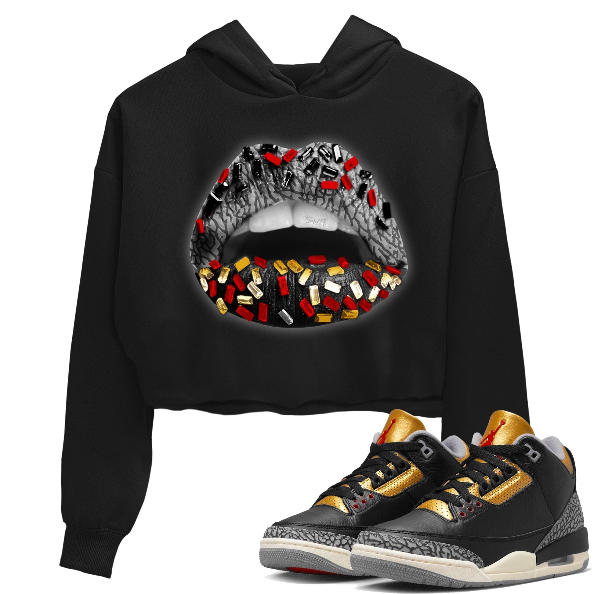 Jordan 3 Black Gold Sneaker Match Tees Lips Jewel Sneaker Tees Jordan 3 Black Gold Sneaker Release Tees Women's Shirts