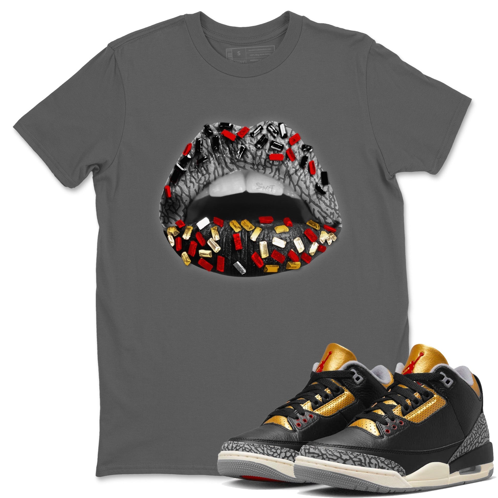 Jordan 3 Black Gold Sneaker Match Tees Lips Jewel Sneaker Tees Jordan 3 Black Gold Sneaker Release Tees Unisex Shirts