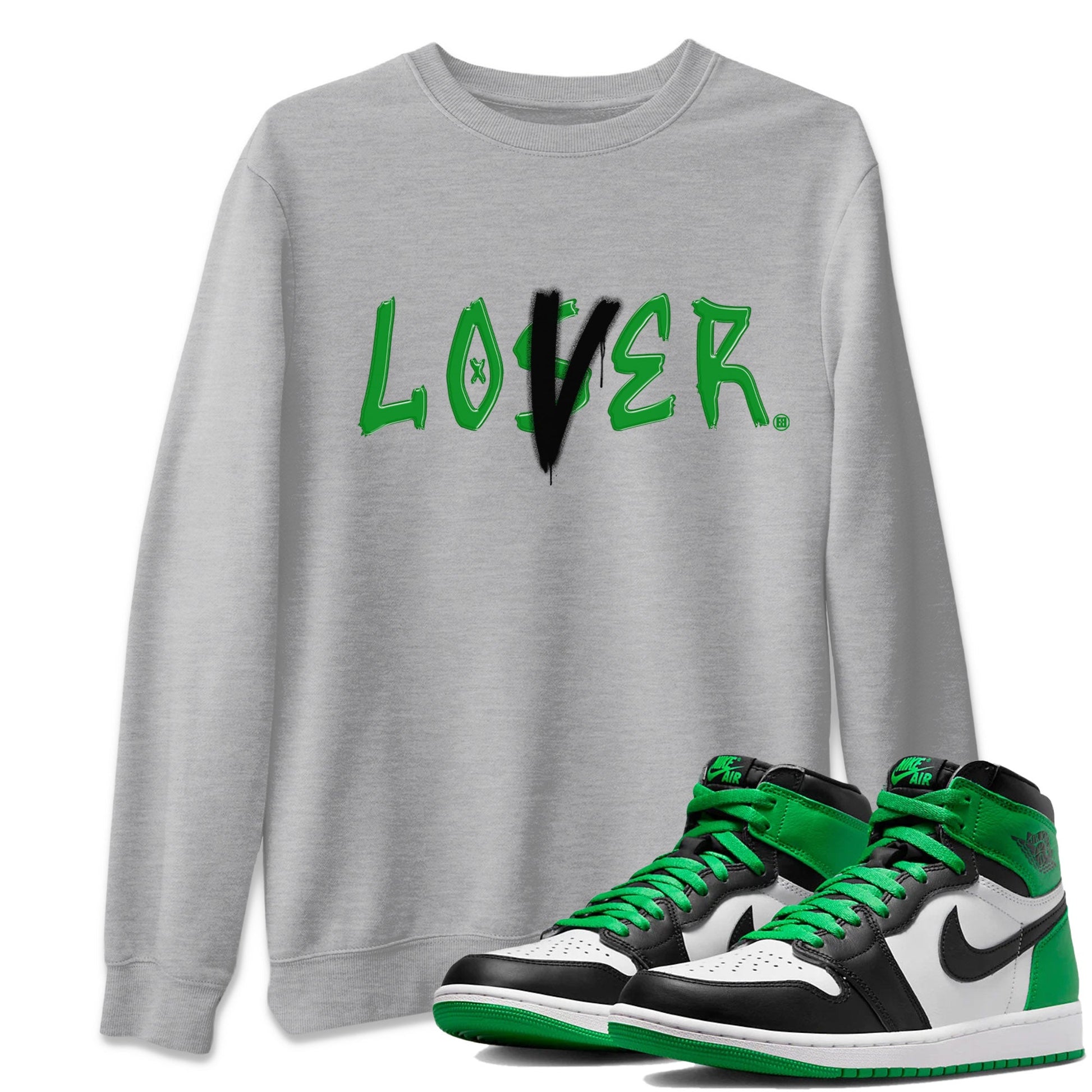 Air Jordan 1 Celtics Sneaker Match Tees Loser Lover Sneaker Tees Air Jordan 1 Lucky Green Celtics Tees Unisex Shirts Heather Grey 1