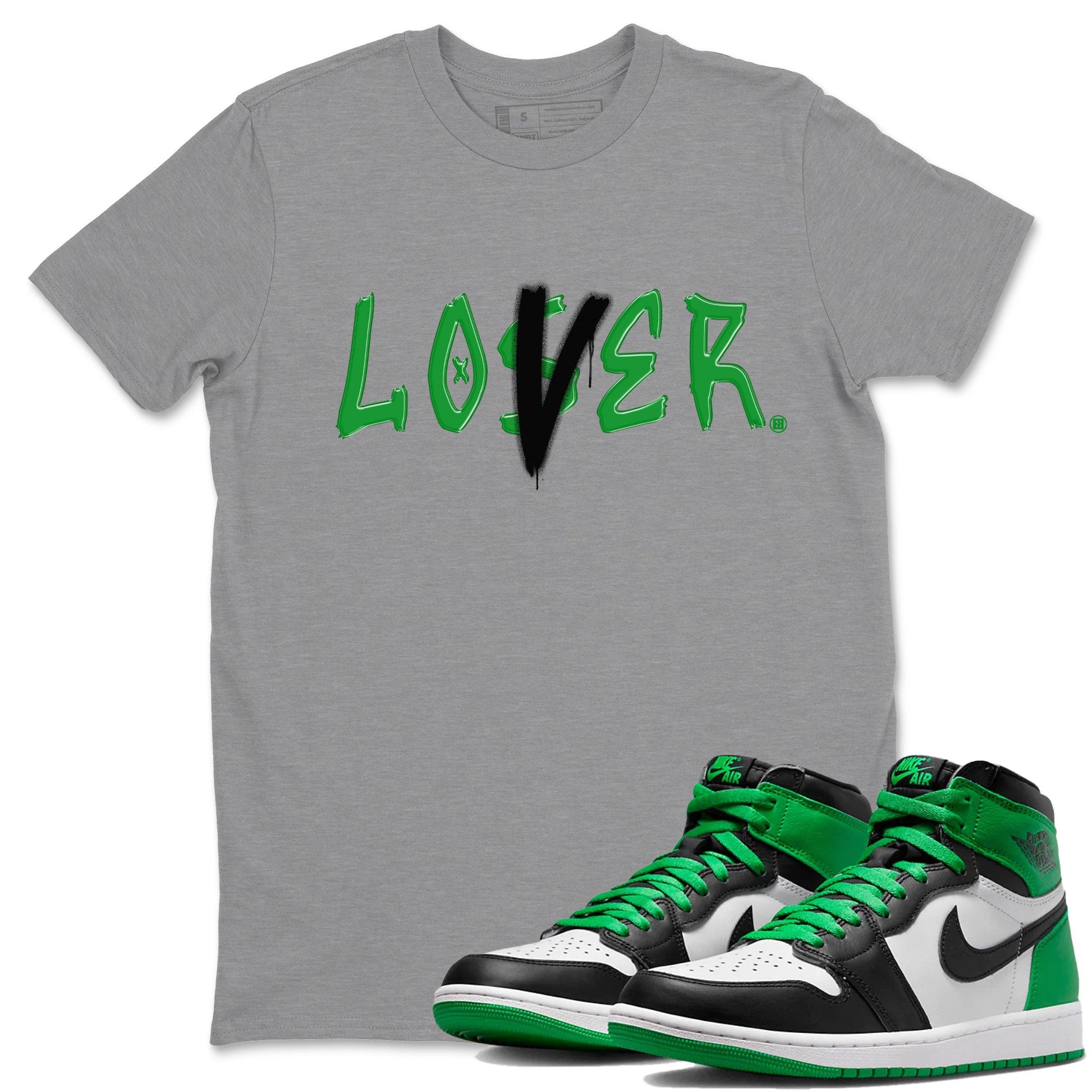 Air Jordan 1 Celtics Sneaker Match Tees Loser Lover Sneaker Tees Air Jordan 1 Lucky Green Celtics Tees Unisex Shirts Heather Grey 1