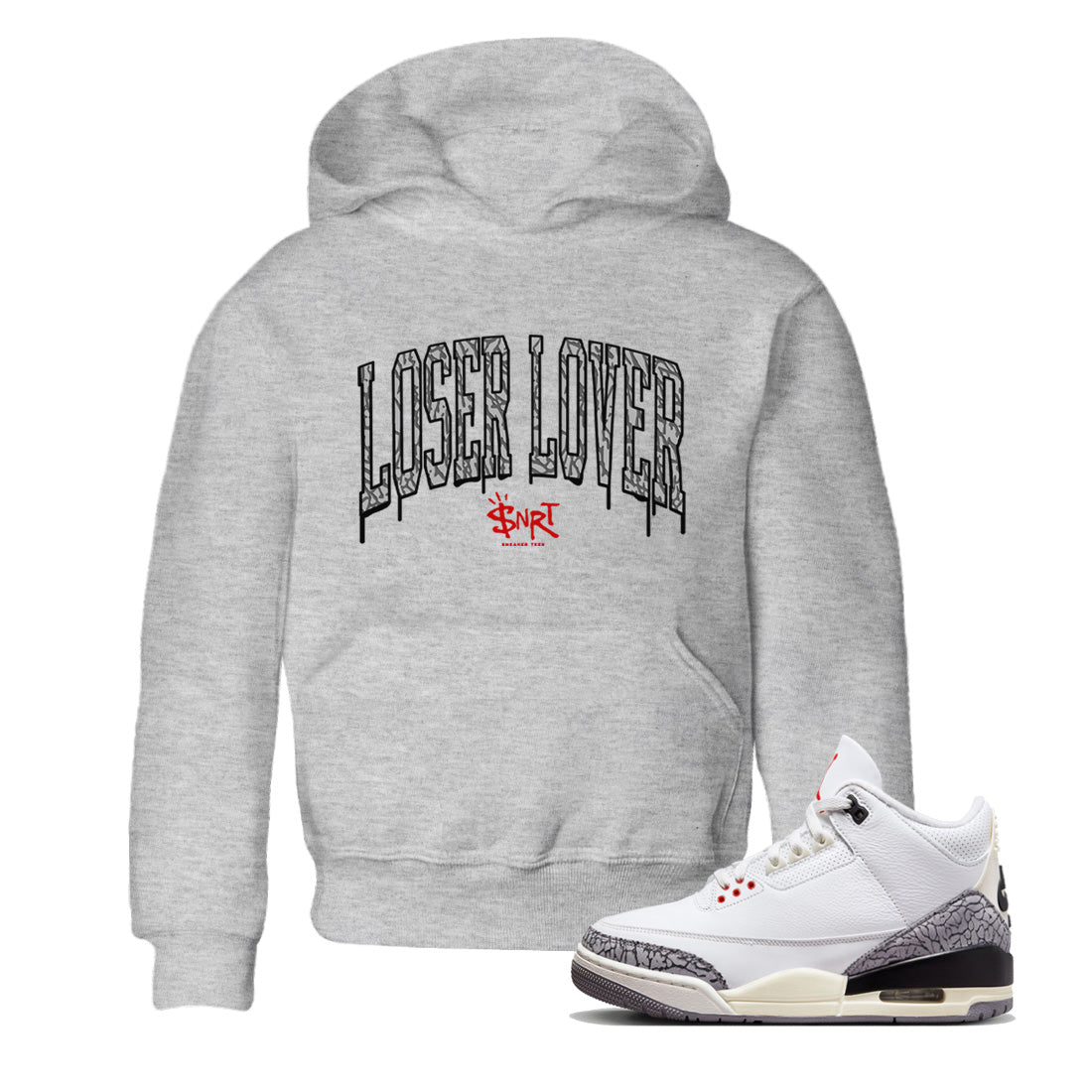 Air Jordan 3 White Cement Sneaker Match Tees Loser Lover Letter Sneaker Tees Air Jordan 3 Retro White Cement Sneaker Release Tees Kids Shirts Heather Grey 1