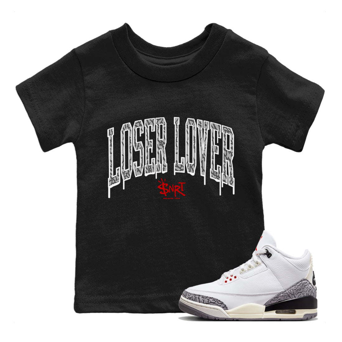 Air Jordan 3 White Cement Sneaker Match Tees Loser Lover Letter Sneaker Tees Air Jordan 3 Retro White Cement Sneaker Release Tees Kids Shirts Black 1