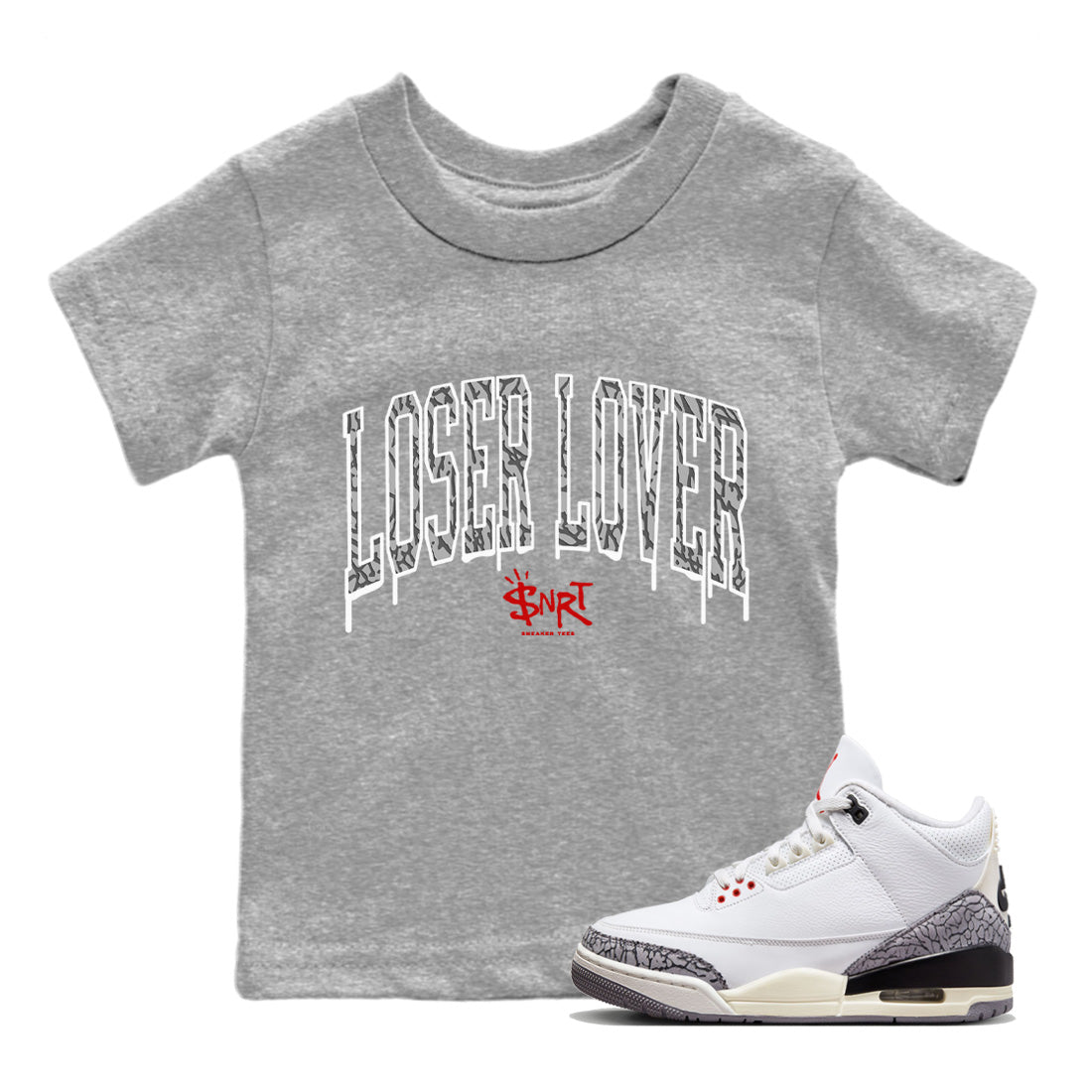 Air Jordan 3 White Cement Loser Lover Letter Baby and Kids Sneaker Tees Air Jordan 3 Retro White Cement Kids Sneaker Tees Size Chart