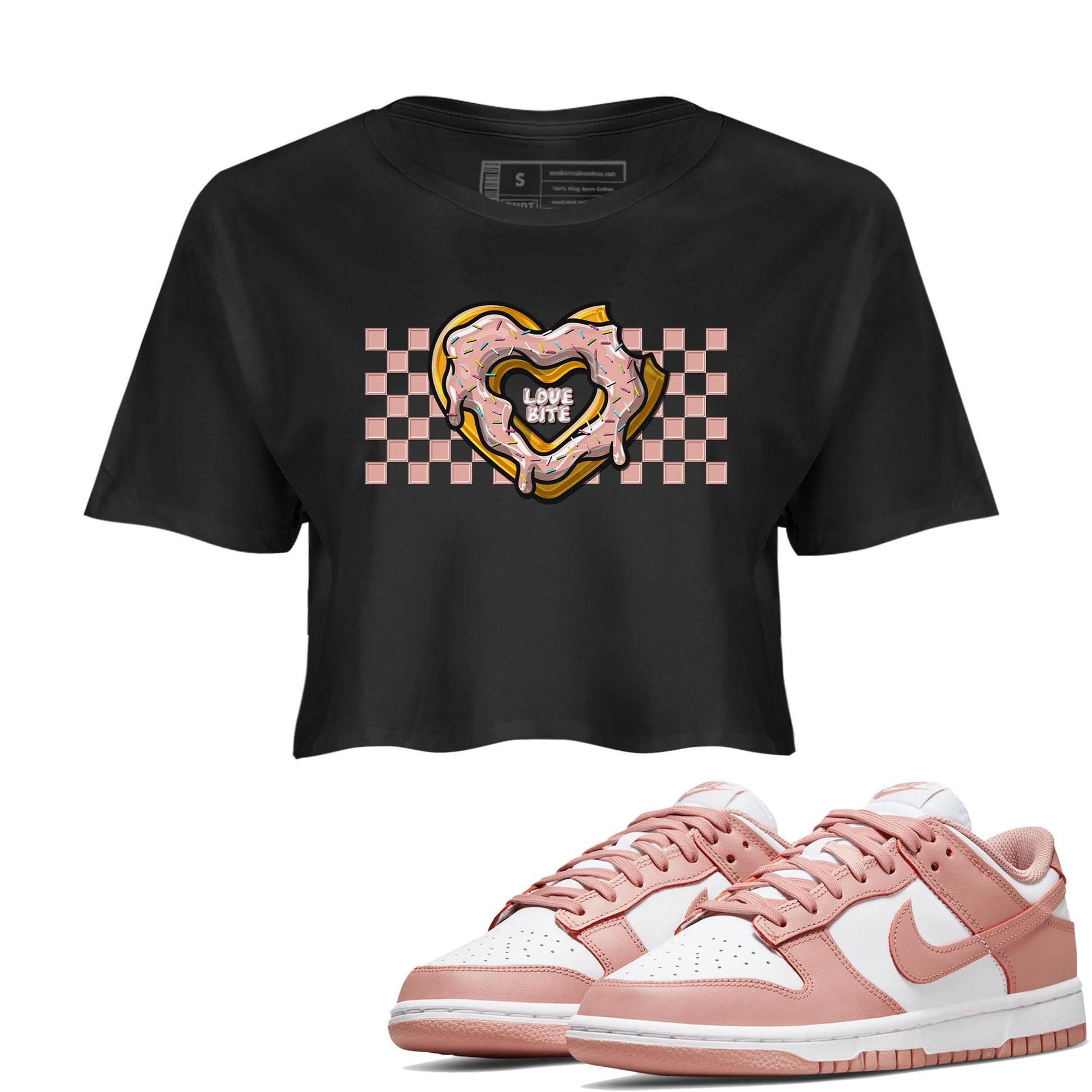Nike Dunks Low Rose Whisper shirt to match jordans Love Bite sneaker tees Nike Dunk Rose Whisper SNRT Sneaker Release Tees Black 1 Crop T-Shirt