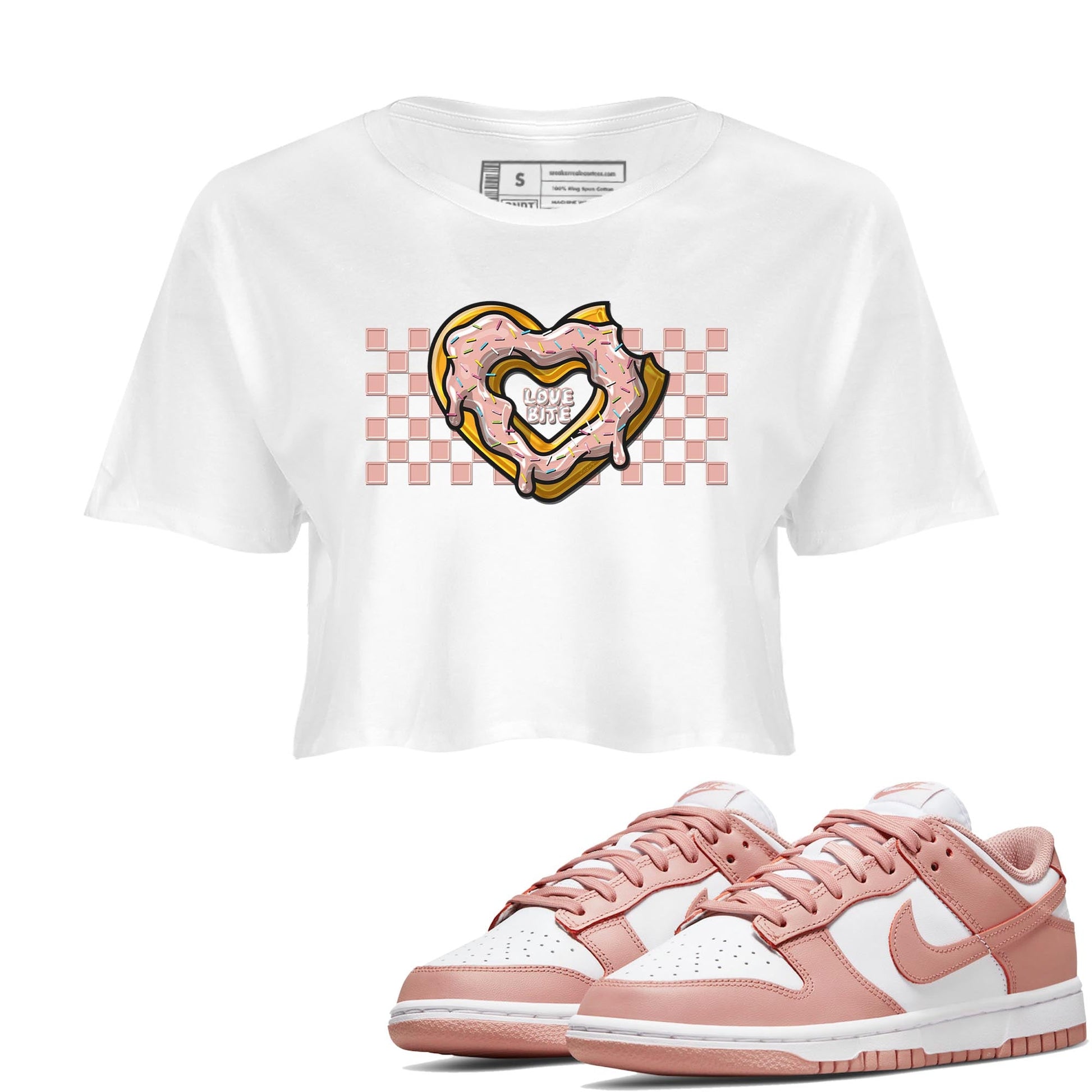 Nike Dunks Low Rose Whisper shirt to match jordans Love Bite sneaker tees Nike Dunk Rose Whisper SNRT Sneaker Release Tees White 1 Crop T-Shirt