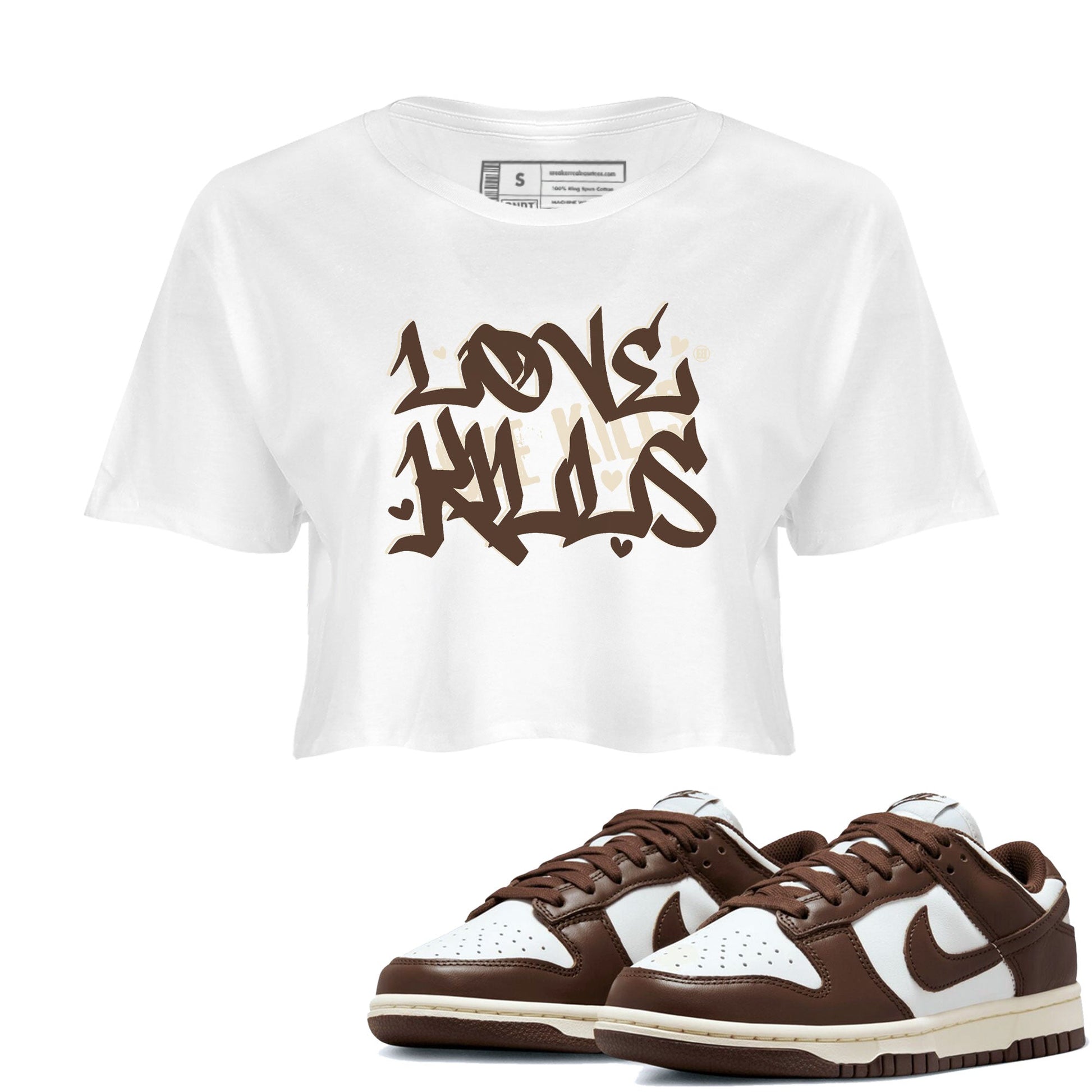 Dunk Low WMNS Cacao Wow sneaker shirt to match jordans Love Kills sneaker tees Dunk Cacao Wow SNRT Sneaker Release Tees White 1 Crop T-Shirt