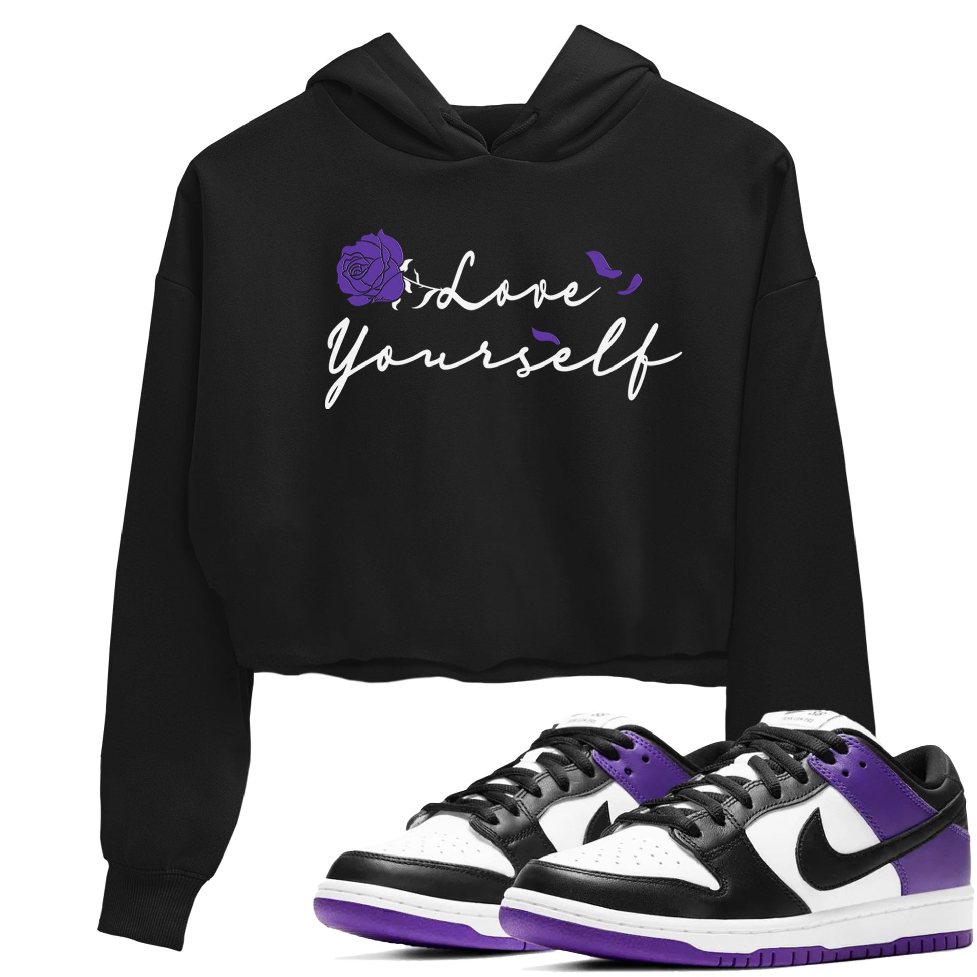 Love Yourself sneaker match tees to Court Purple Dunks street fashion brand for shirts to match Jordans SNRT Sneaker Tees Dunk Low Court Purple unisex t-shirt Black 1 crop shirt