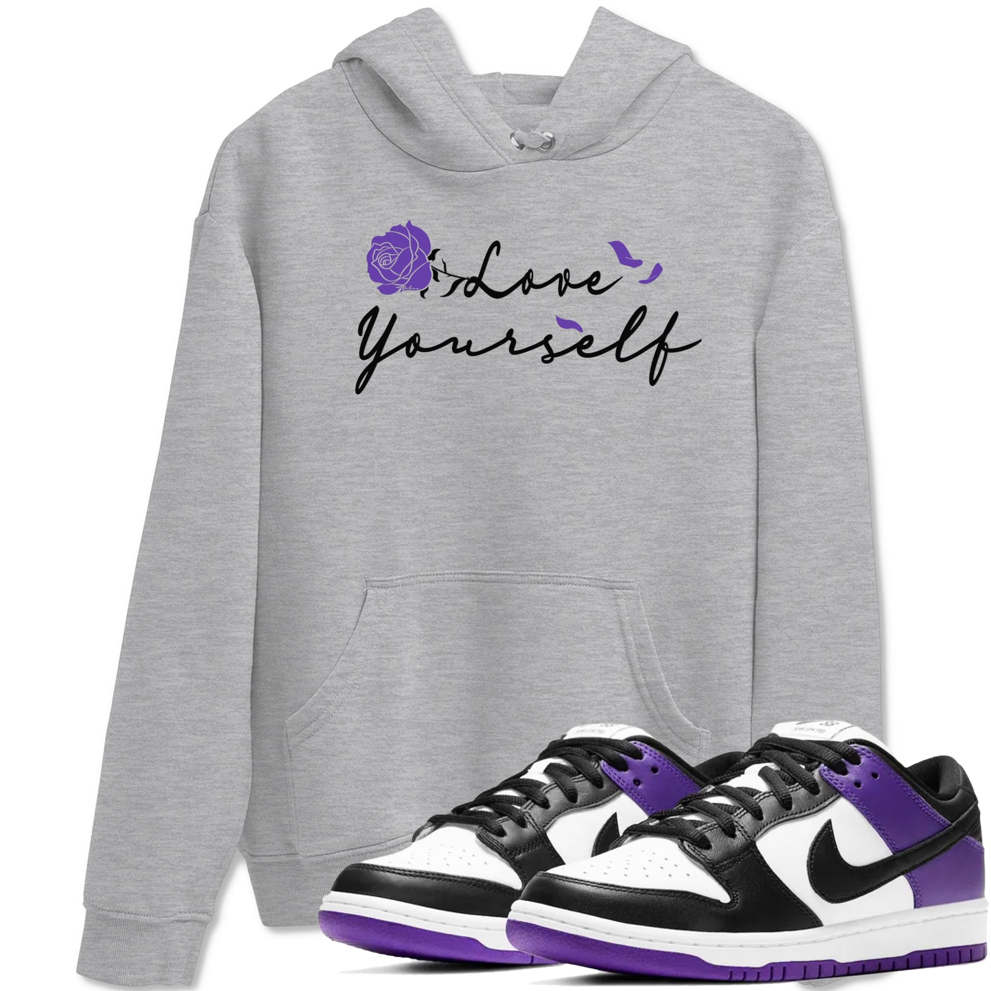 Love Yourself sneaker match tees to Court Purple Dunks street fashion brand for shirts to match Jordans SNRT Sneaker Tees Dunk Low Court Purple unisex t-shirt Heather Grey 1 unisex shirt
