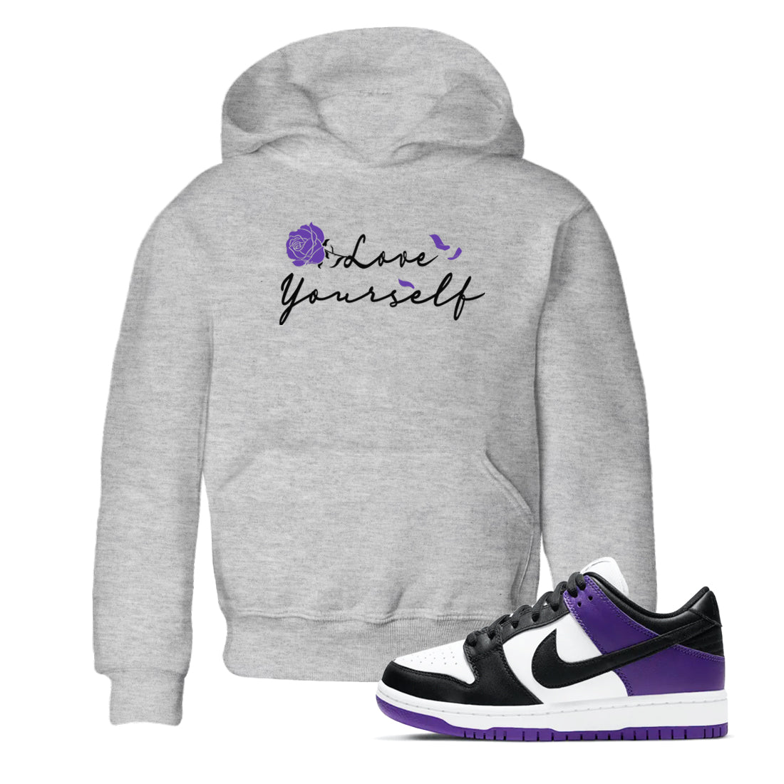 Love Yourself sneaker match tees to Court Purple Dunks street fashion brand for shirts to match Jordans SNRT Sneaker Tees Dunk Low Court Purple unisex t-shirt Heather Grey 1 youth shirt