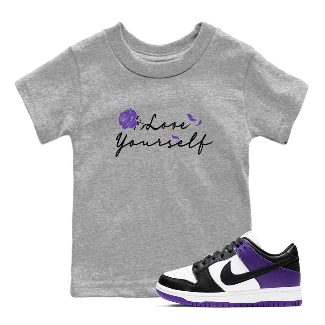 Love Yourself sneaker match tees to Court Purple Dunks street fashion brand for shirts to match Jordans SNRT Sneaker Tees Dunk Low Court Purple unisex t-shirt Heather Grey 1 youth shirt