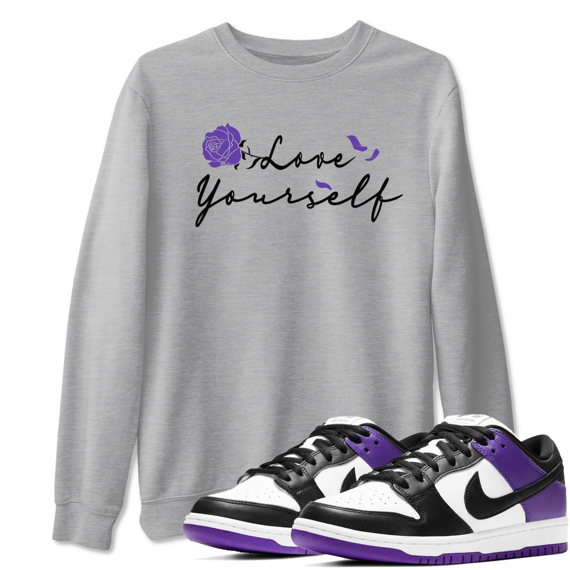 Love Yourself sneaker match tees to Court Purple Dunks street fashion brand for shirts to match Jordans SNRT Sneaker Tees Dunk Low Court Purple unisex t-shirt Heather Grey 1 unisex shirt