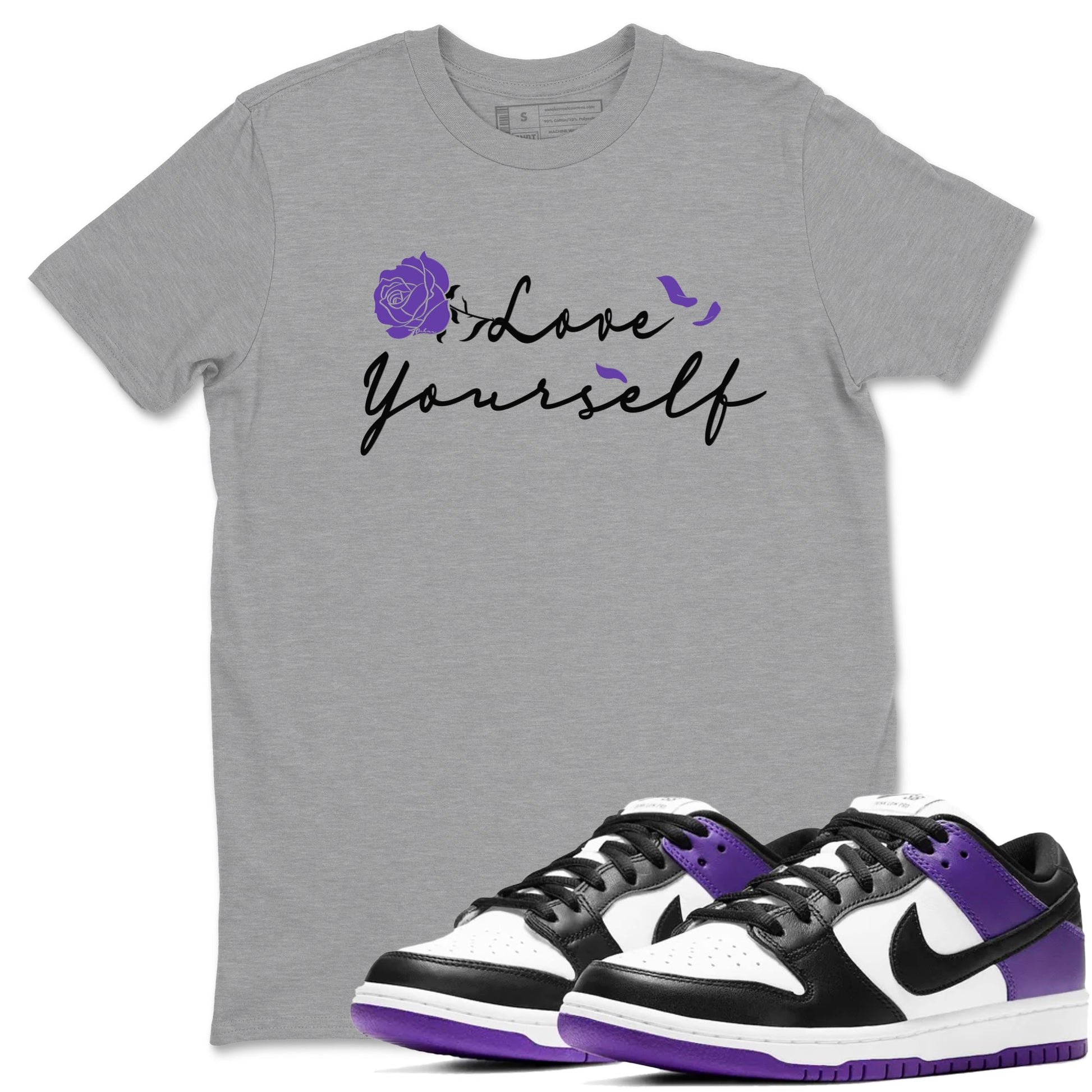 Love Yourself sneaker match tees to Court Purple Dunks street fashion brand for shirts to match Jordans SNRT Sneaker Tees Dunk Low Court Purple unisex t-shirt Heather Grey 1 unisex shirt