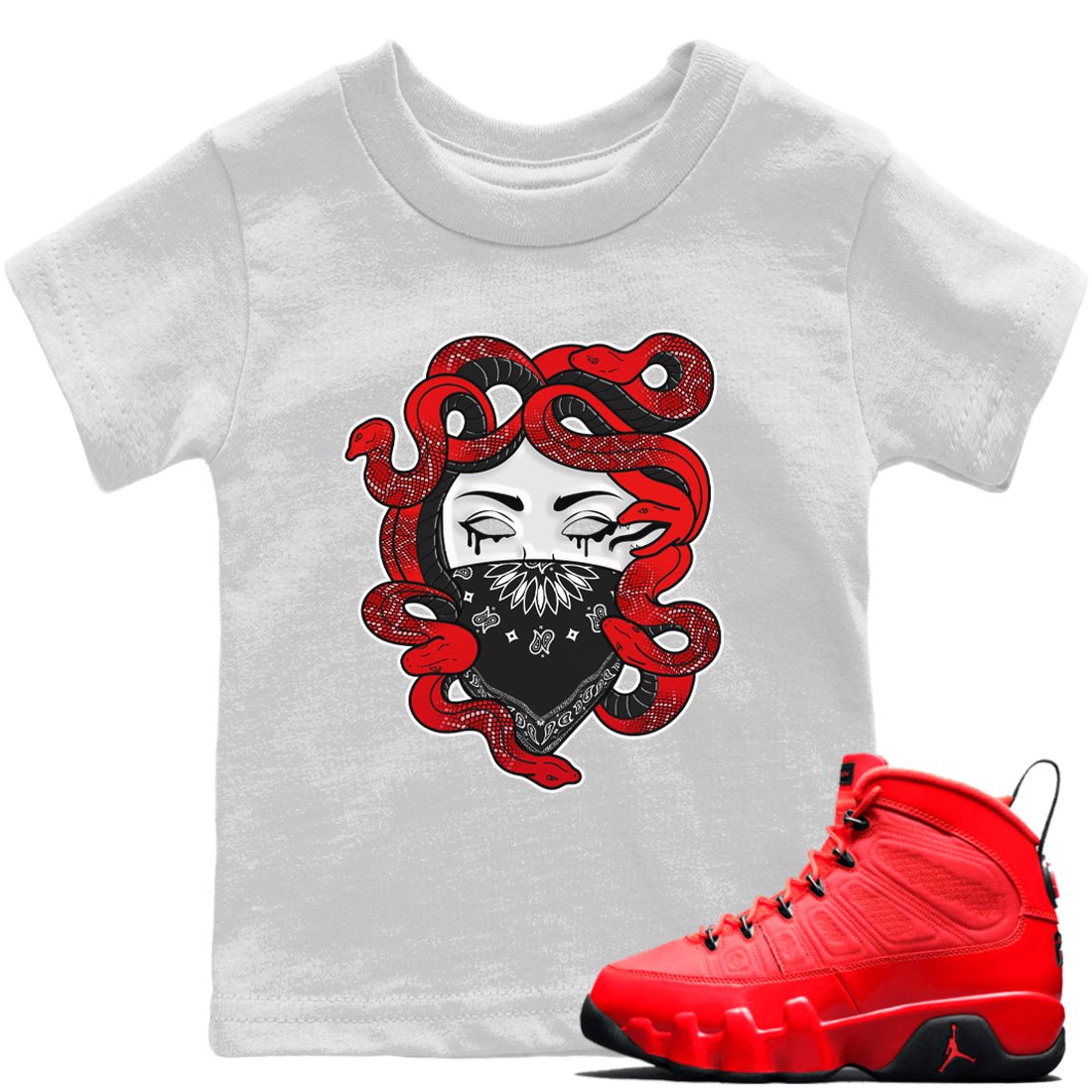 Jordan 9 Chile Red Sneaker Match Tees Medusa Sneaker Tees Jordan 9 Chile Red Sneaker Release Tees Kids Shirts