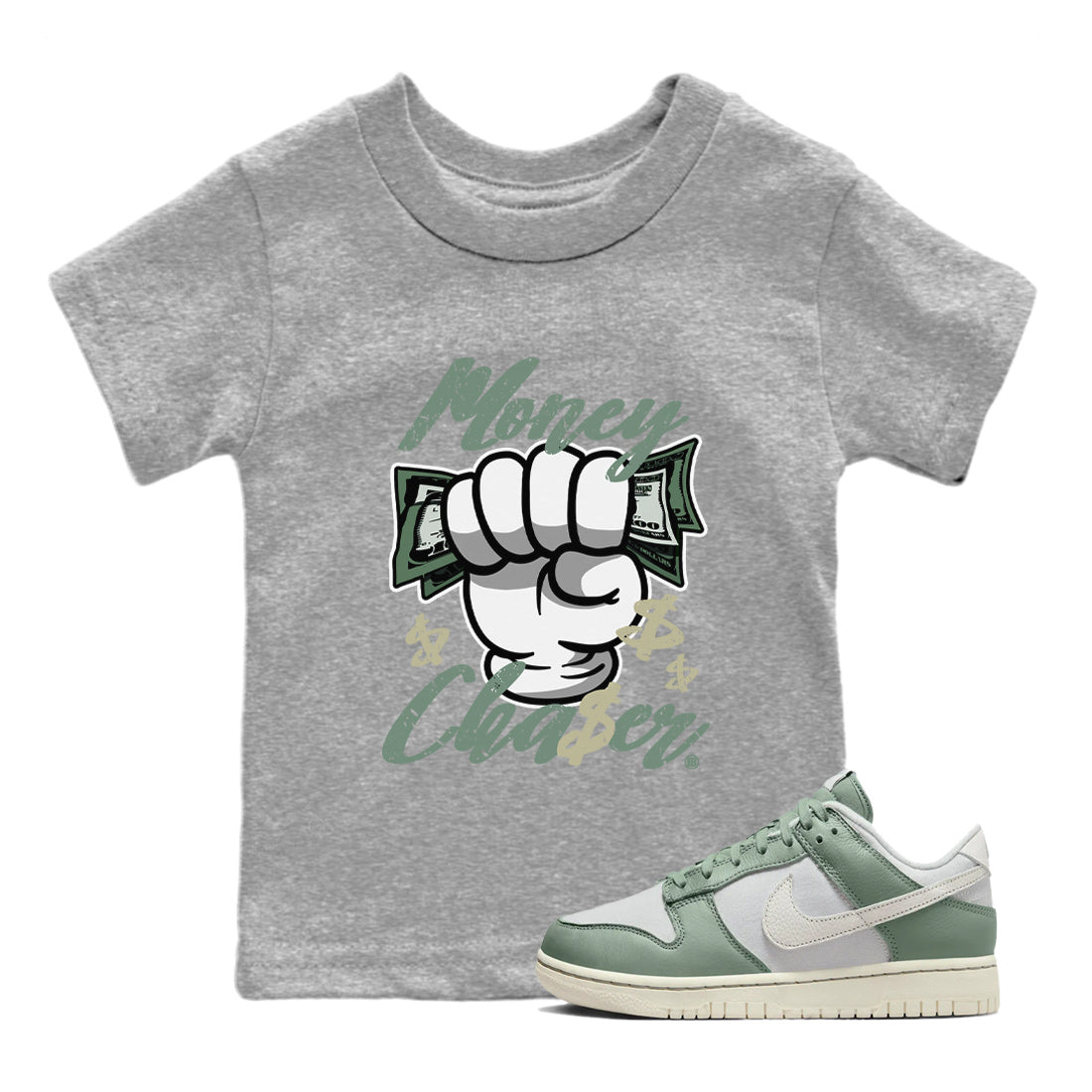 Dunk Low Mica Green Sneaker Match Tees Money Chaser Sneaker Tees Dunk Mica Green Sneaker Release Tees Kids Shirts Heather Grey 1