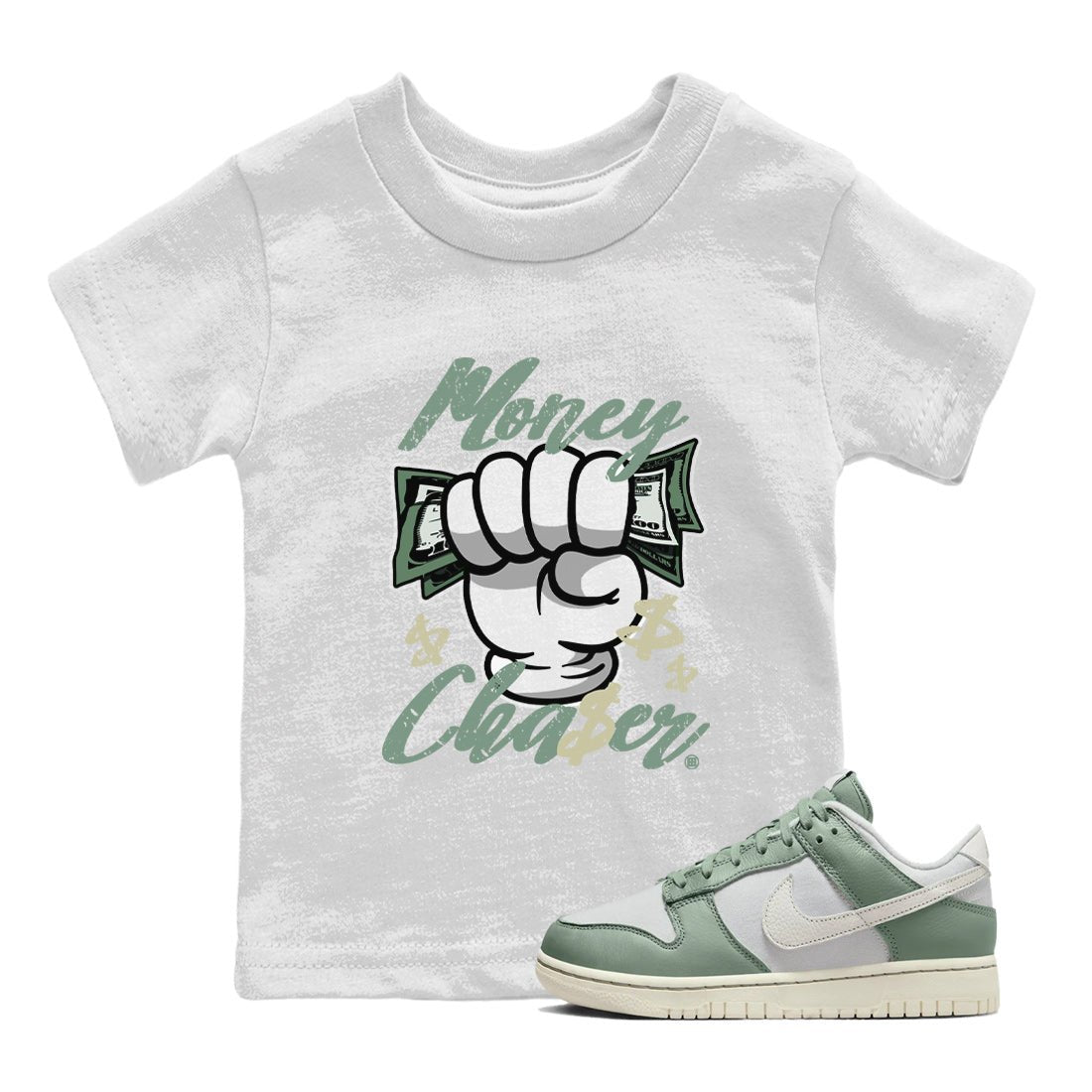Dunk Low Mica Green Sneaker Match Tees Money Chaser Sneaker Tees Dunk Mica Green Sneaker Release Tees Kids Shirts White 1