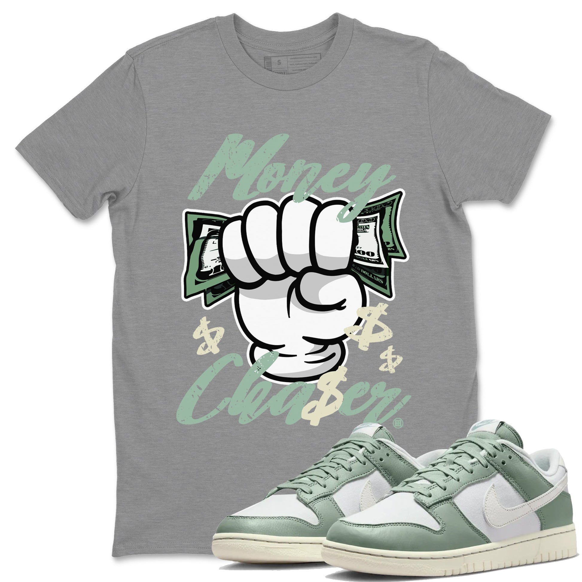 Dunk Low Mica Green Sneaker Match Tees Money Chaser Sneaker Tees Dunk Mica Green Sneaker Release Tees Unisex Shirts Heather Grey 1