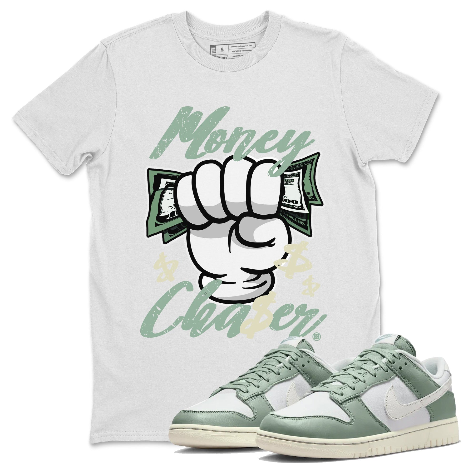 Dunk Low Mica Green Sneaker Match Tees Money Chaser Sneaker Tees Dunk Mica Green Sneaker Release Tees Unisex Shirts White 1