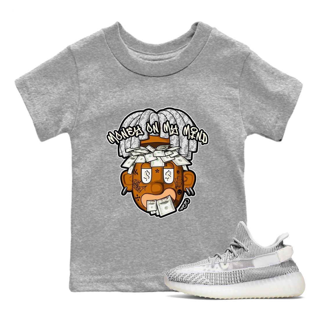 Yeezy 350 Static shirt to match jordans Money On My Mind sneaker tees Adidas Yeezy 350 Static SNRT Sneaker Release Tees Baby Toddler Heather Grey 1 T-Shirt
