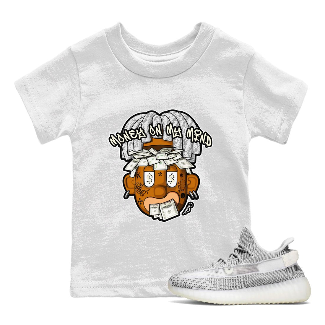 Yeezy 350 Static shirt to match jordans Money On My Mind sneaker tees Adidas Yeezy 350 Static SNRT Sneaker Release Tees Baby Toddler White 1 T-Shirt