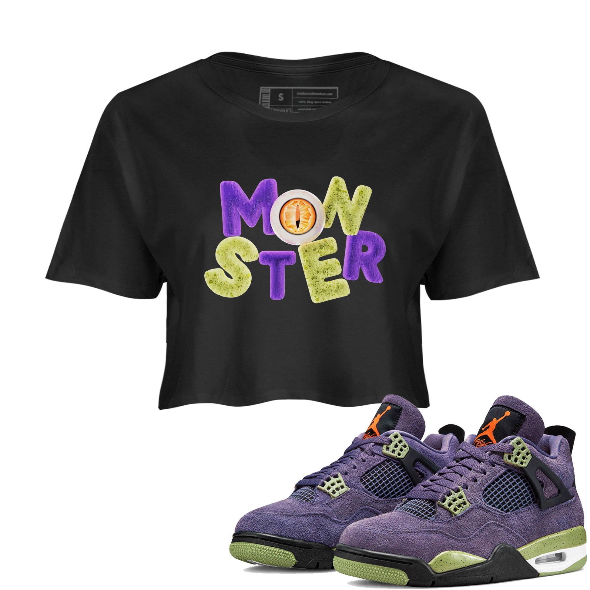 Air Jordan 4 Canyon Purple shirt to match jordans Monster sneaker tees AJ4 Canyon Purple SNRT Sneaker Release Tees Black 1 Crop T-Shirt, Halloween tshirt
