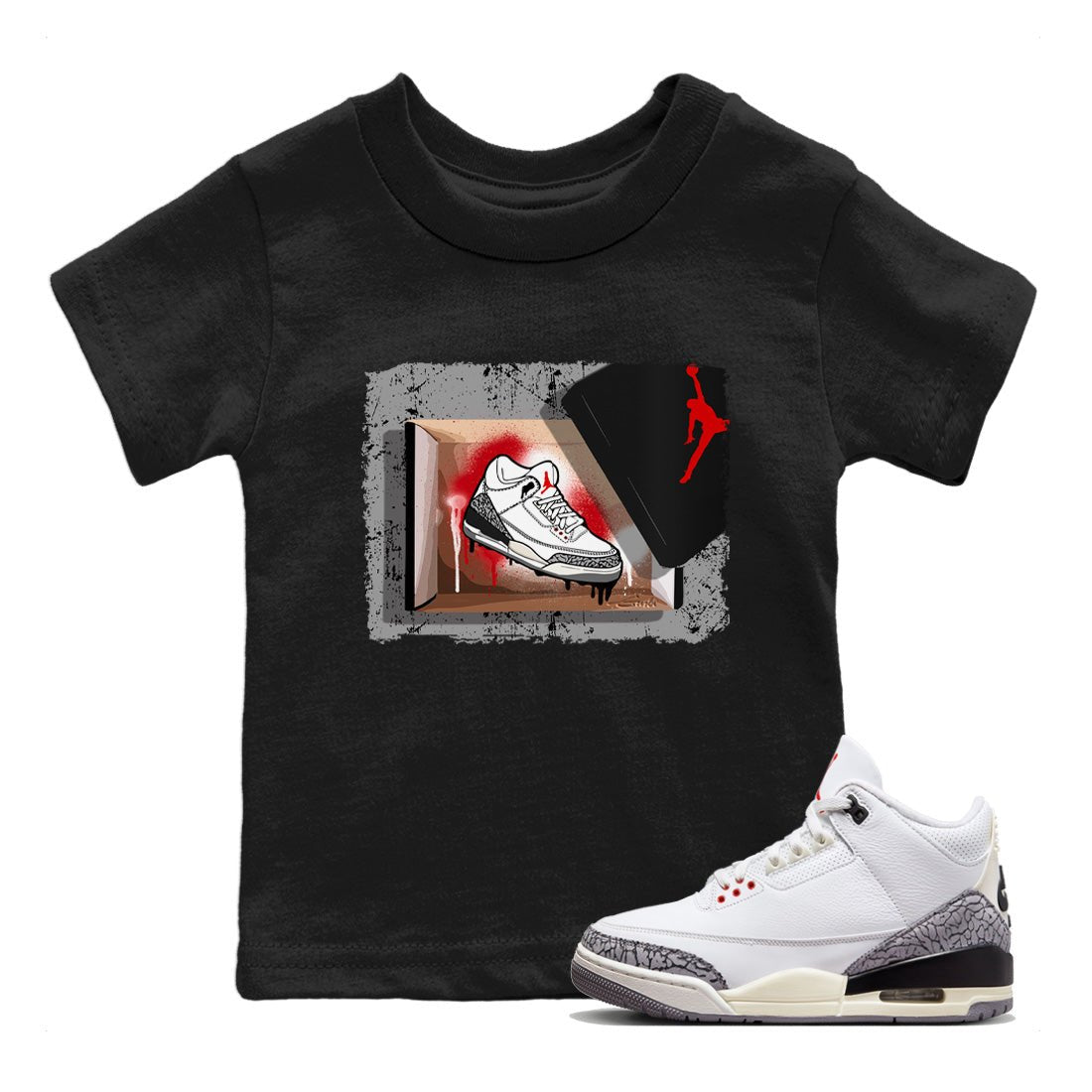 Air Jordan 3 White Cement Sneaker Match Tees New Kicks Sneaker Tees Air Jordan 3 Retro White Cement Sneaker Release Tees Kids Shirts Black 1