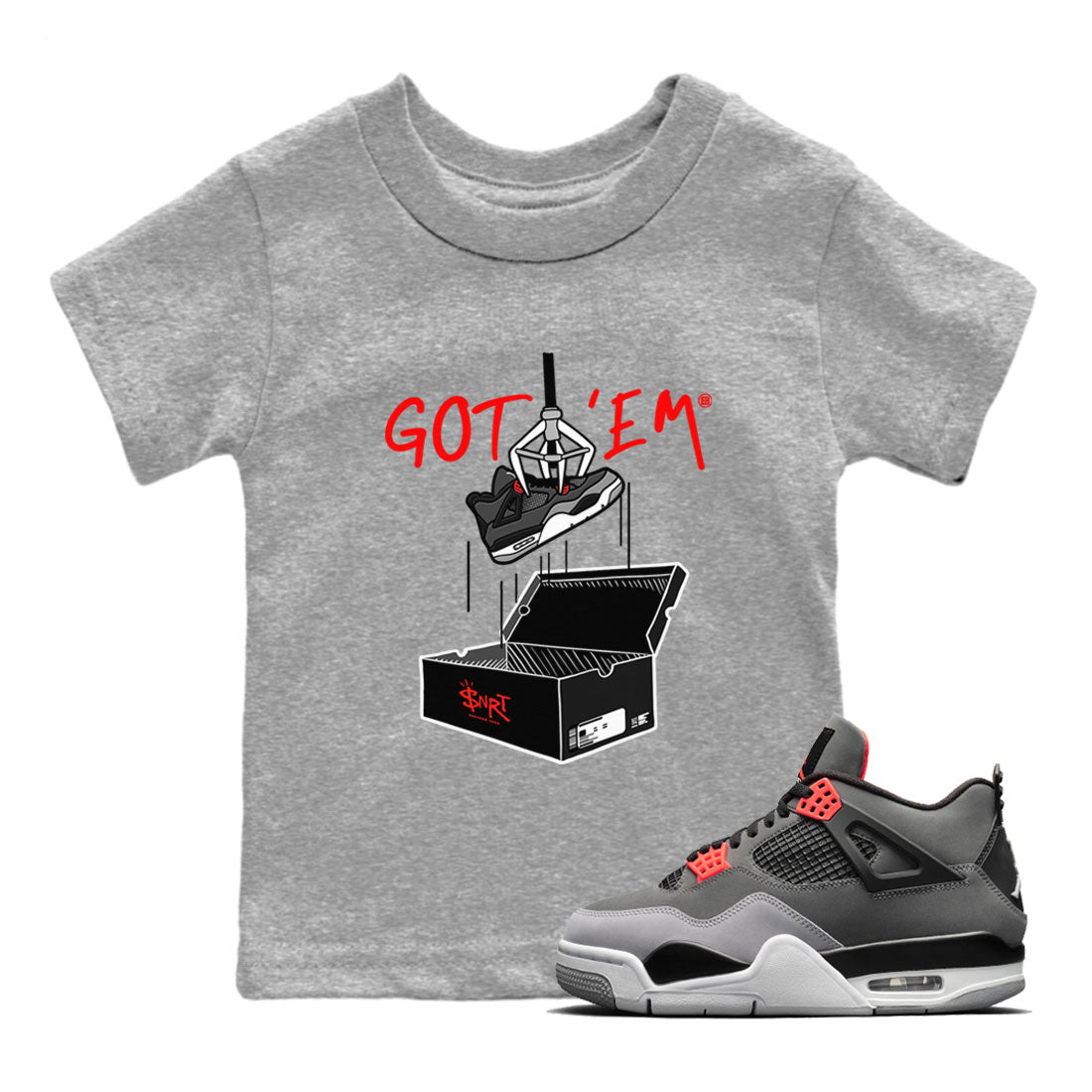 Air Jordan 4 Infrared shirt to match jordans New Treasure Hunter sneaker tees Air Jordan 4 Retro Infrared SNRT sneaker release tees baby toddler Heather Grey 1 cotton Shirt