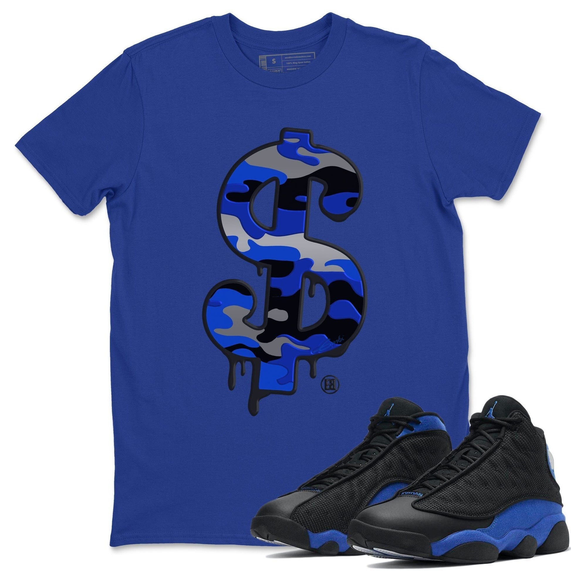 Jordan 13 Hyper Royal Sneaker Match Tees Dollar Camo Sneaker Tees Jordan 13 Hyper Royal Sneaker Release Tees Unisex Shirts